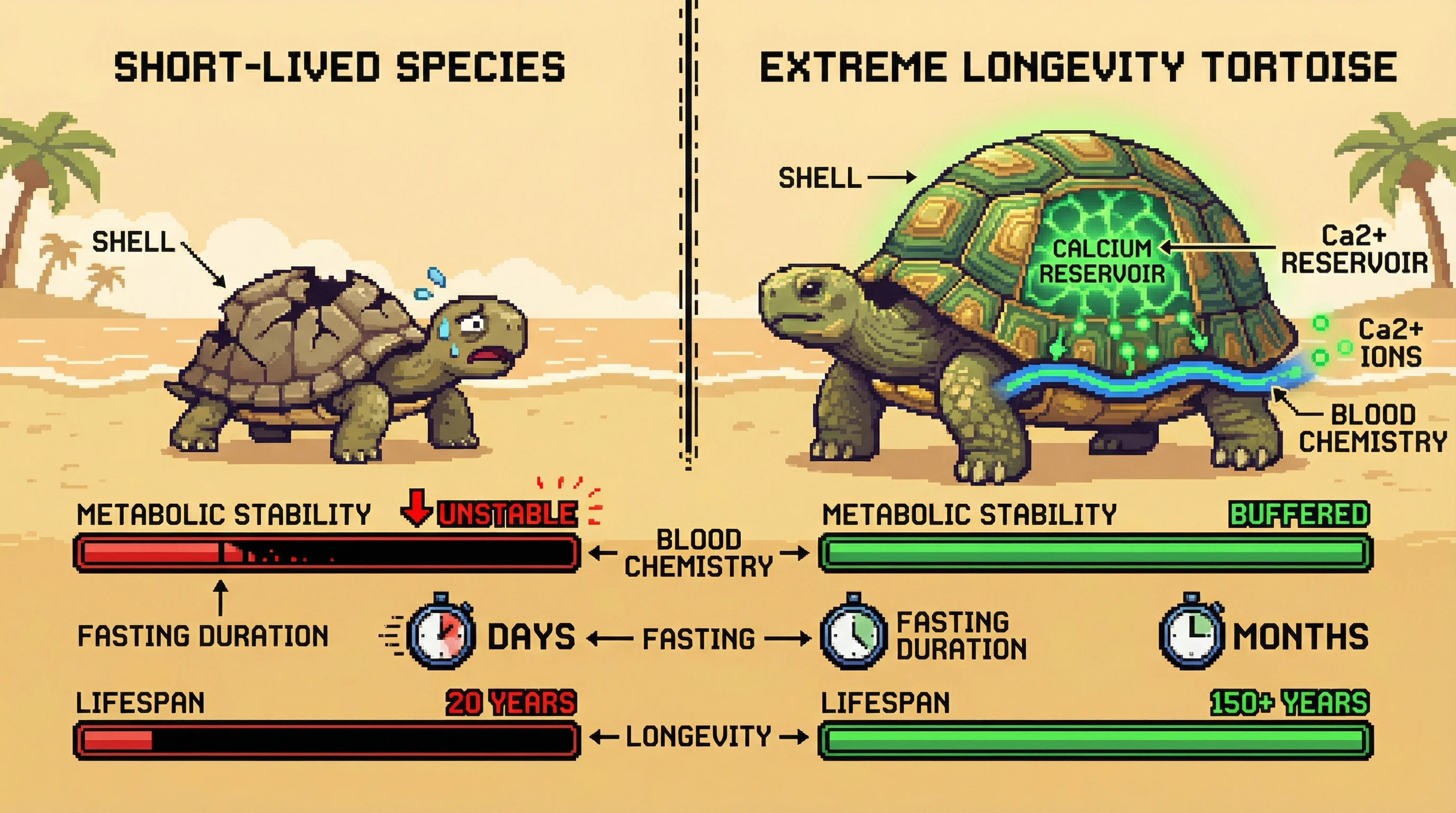 This infographic illustrates how the tortoise shell acts as a crucial calcium reservoir, buffering blood chemistry during extended fasting to enable extreme longevity, contrasting it with a hypothetical short-lived species.
