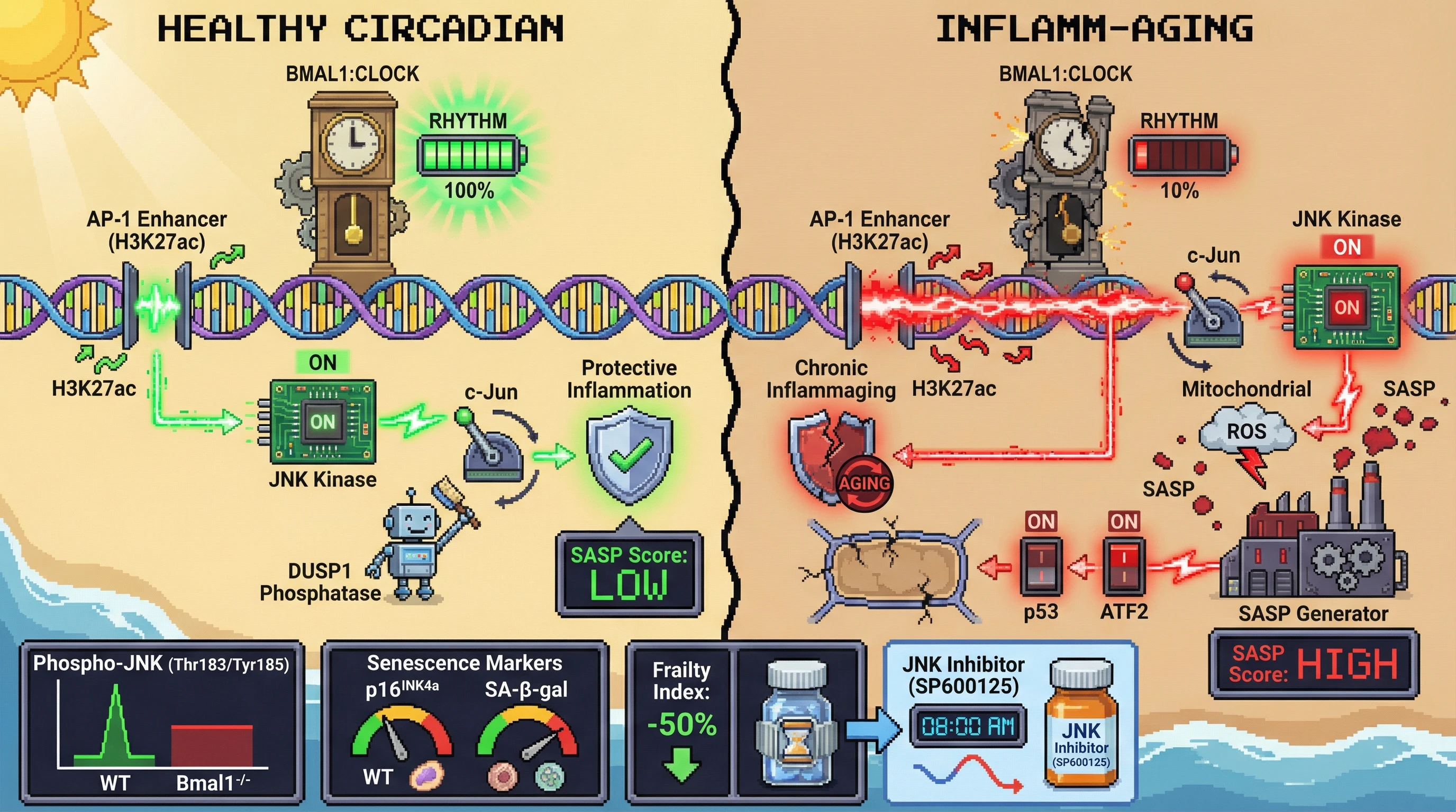 Mechanism: The circadian clock (BMAL1:CLOCK) rhythmically gates JNK activity and chromatin opening, ensuring transient, protective inflammation via c-Jun phosphorylation and DUSP1 action. Readout: Readout: Desynchronization leads to persistent JNK activity, driving chronic inflammaging with high SASP, p53, and ATF2 markers.