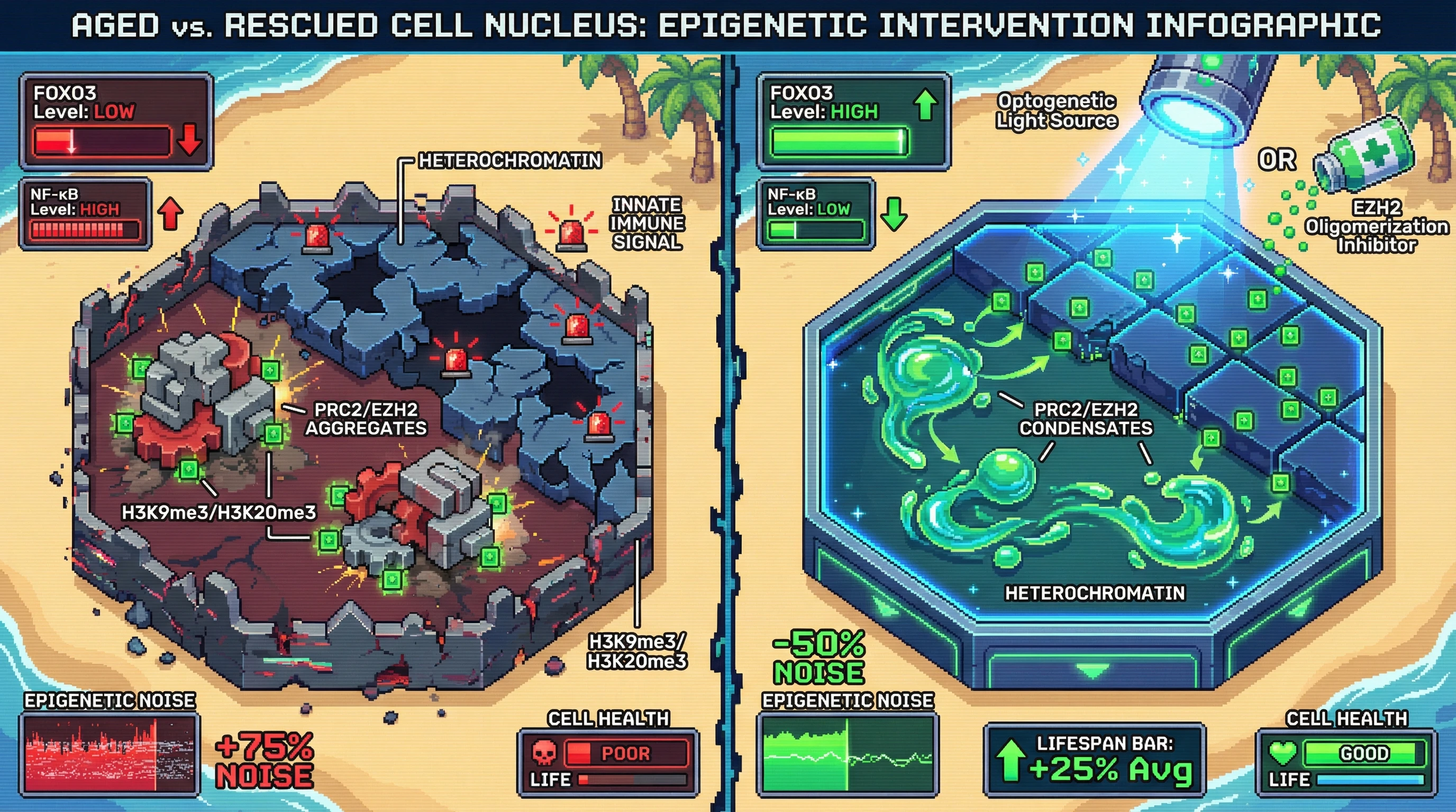 Infographic for: Phase‑separation–mediated heterochromatin reset as a causal mechanism linking transcription factor flux to aging‑associated gene regulatory network rewiring