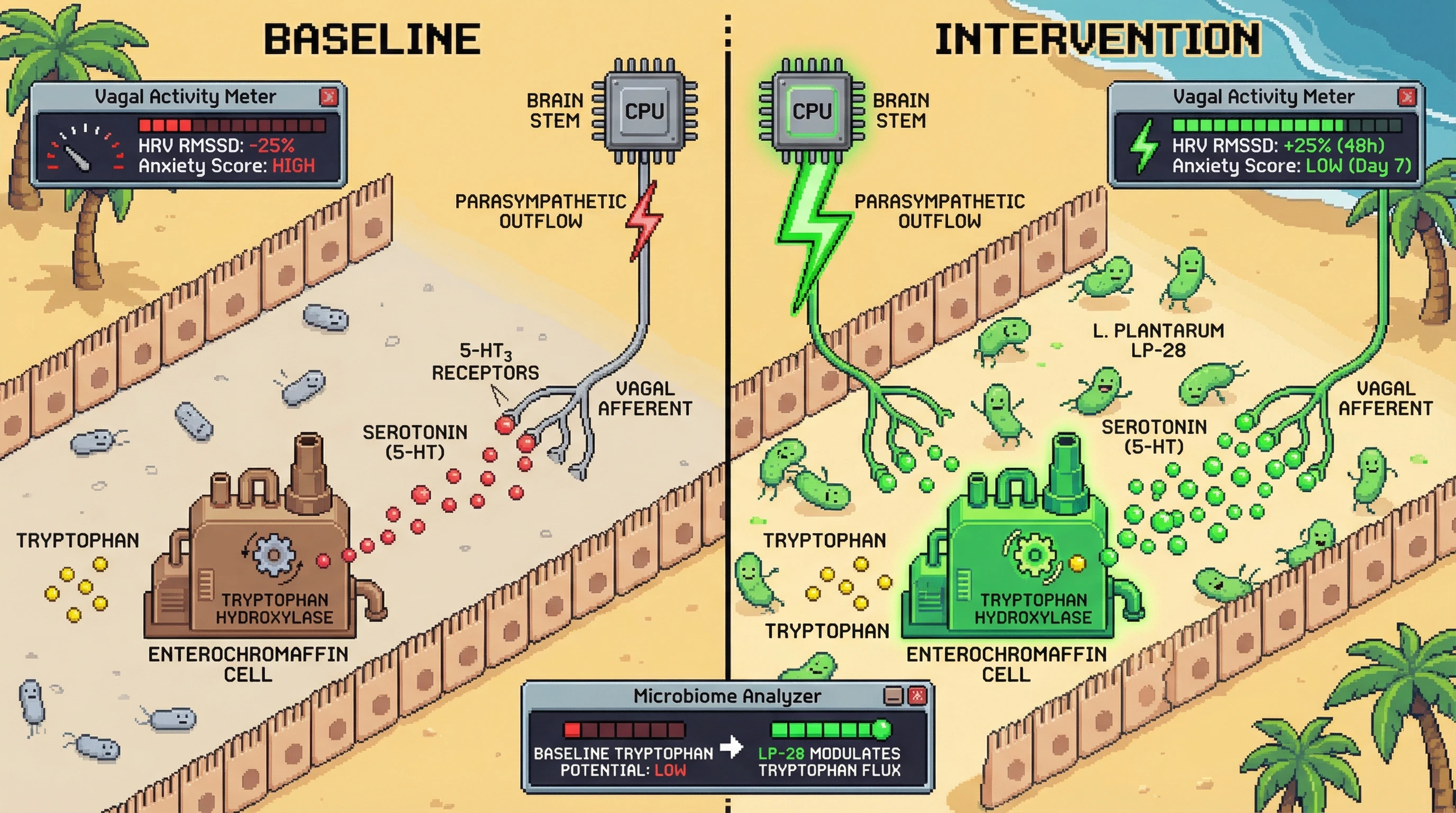 Infographic for: Strain‑Specific HRV Signatures Predict Anxiety Relief Through Vagal‑Mediated Tryptophan Flux in the Enteric Nervous System