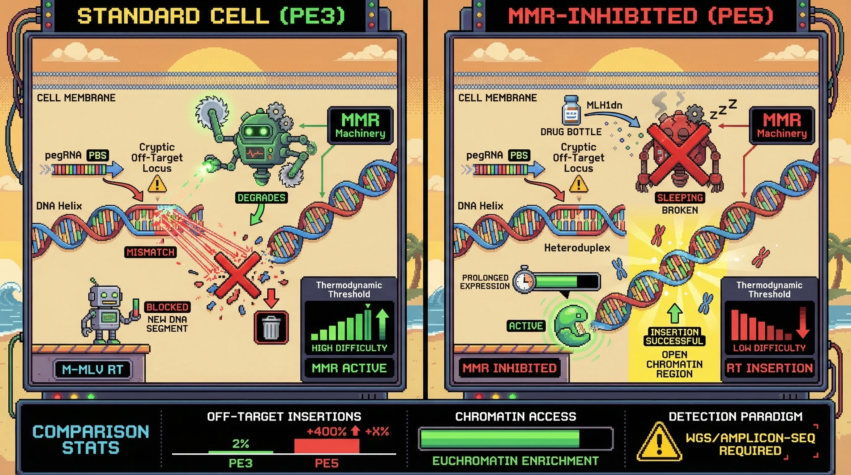 Mechanism: PE5 systems, by inhibiting Mismatch Repair (MMR) with MLH1dn, create a permissive window for M-MLV Reverse Transcriptase (RT) to drive off-target insertions at cryptic microhomology sites. Readout: Readout: PE5 treatment leads to a statistically significant increase in RT-mediated, gRNA-independent off-target insertions, heavily enriched in open chromatin regions compared to PE3.