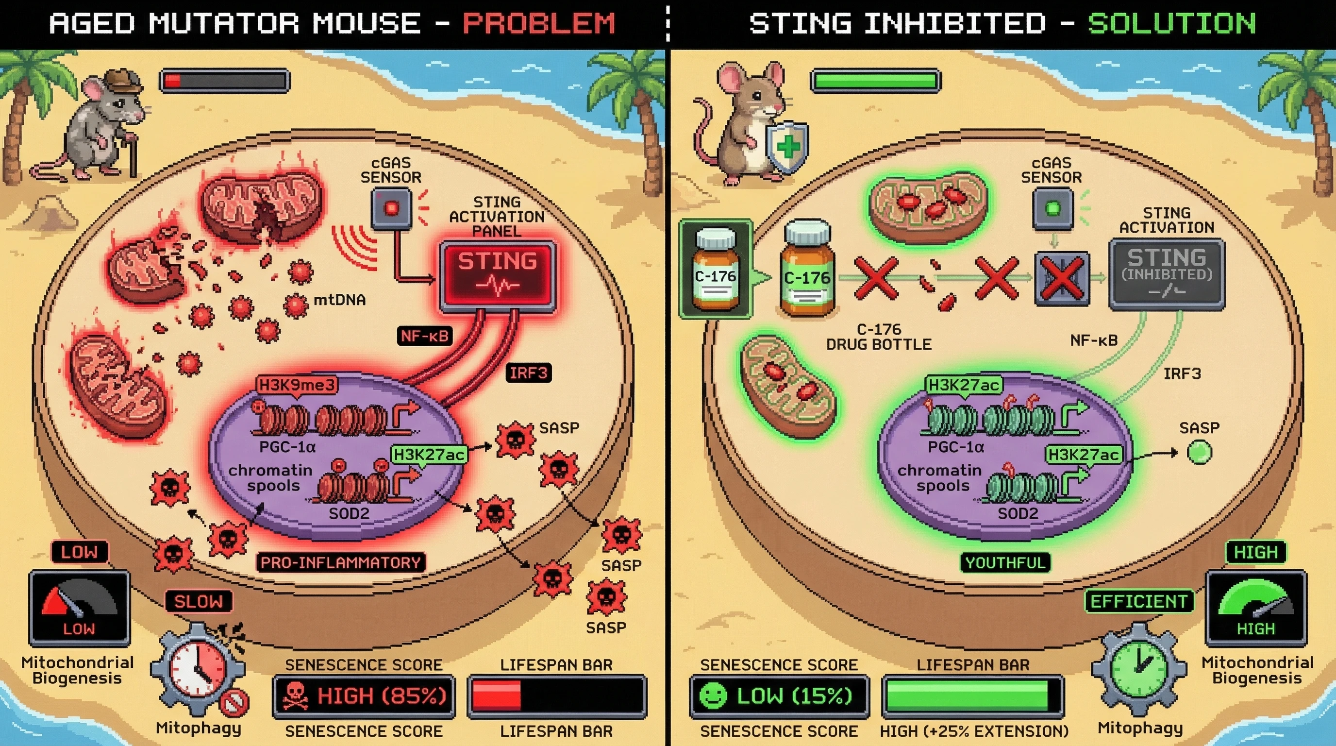 Mechanism: Leaked mitochondrial DNA activates cGAS-STING, triggering nuclear reprogramming towards an inflammatory, senescent state. Readout: Readout: STING inhibition restores youthful histone marks, reduces senescence markers, and extends lifespan in mutator mice.