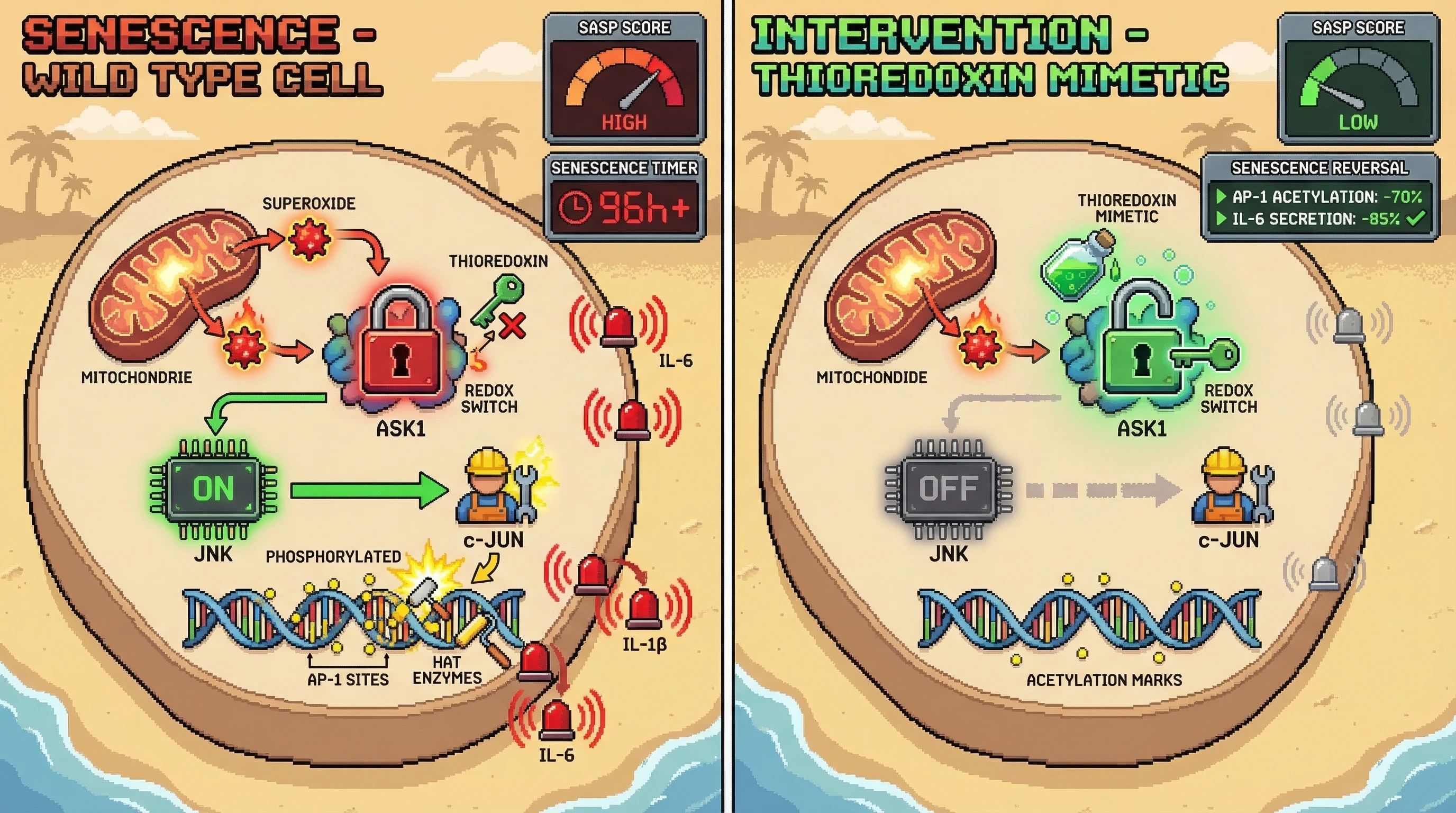 Infographic for: ASK1 cysteine oxidation as a molecular timer that locks AP-1 into a constitutive senescent state