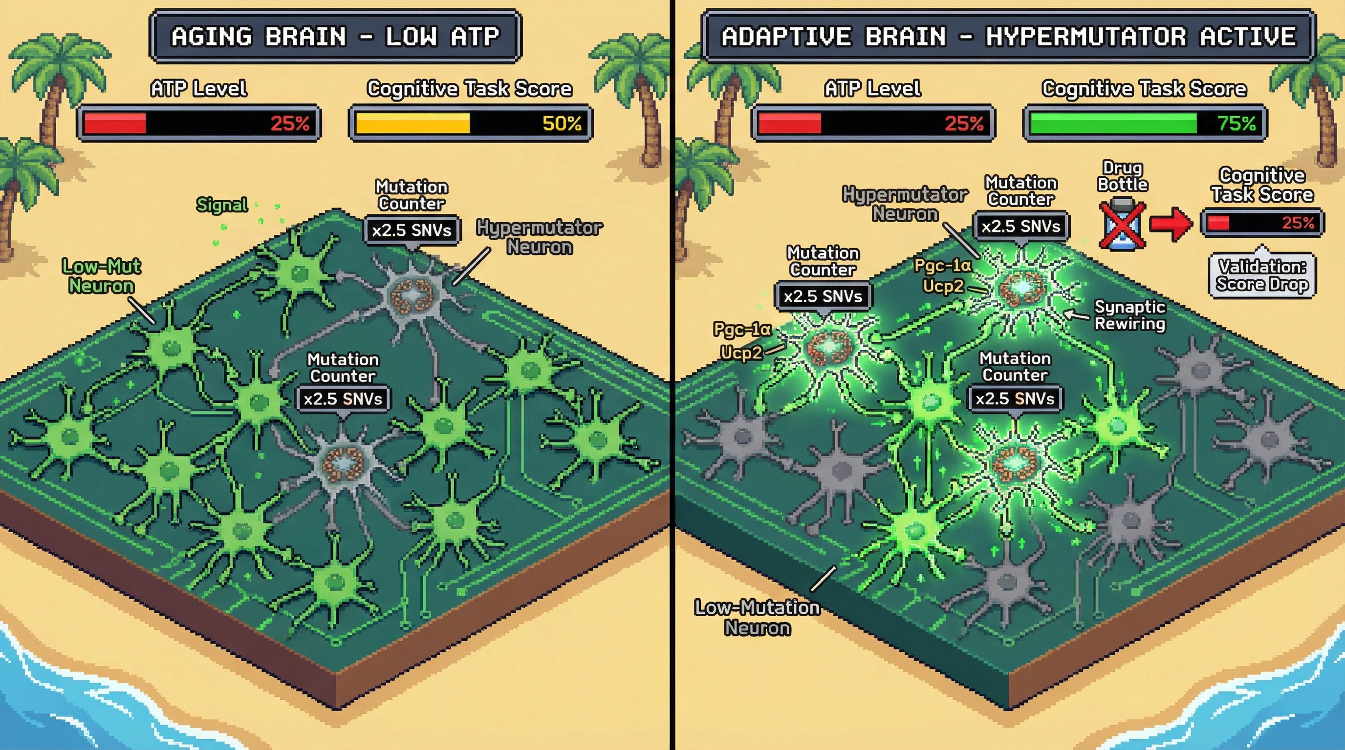 Infographic for: Hypermutator neurons as a genomic reservoir that fuels adaptive synaptic rewiring under energetic constraints in the aging brain