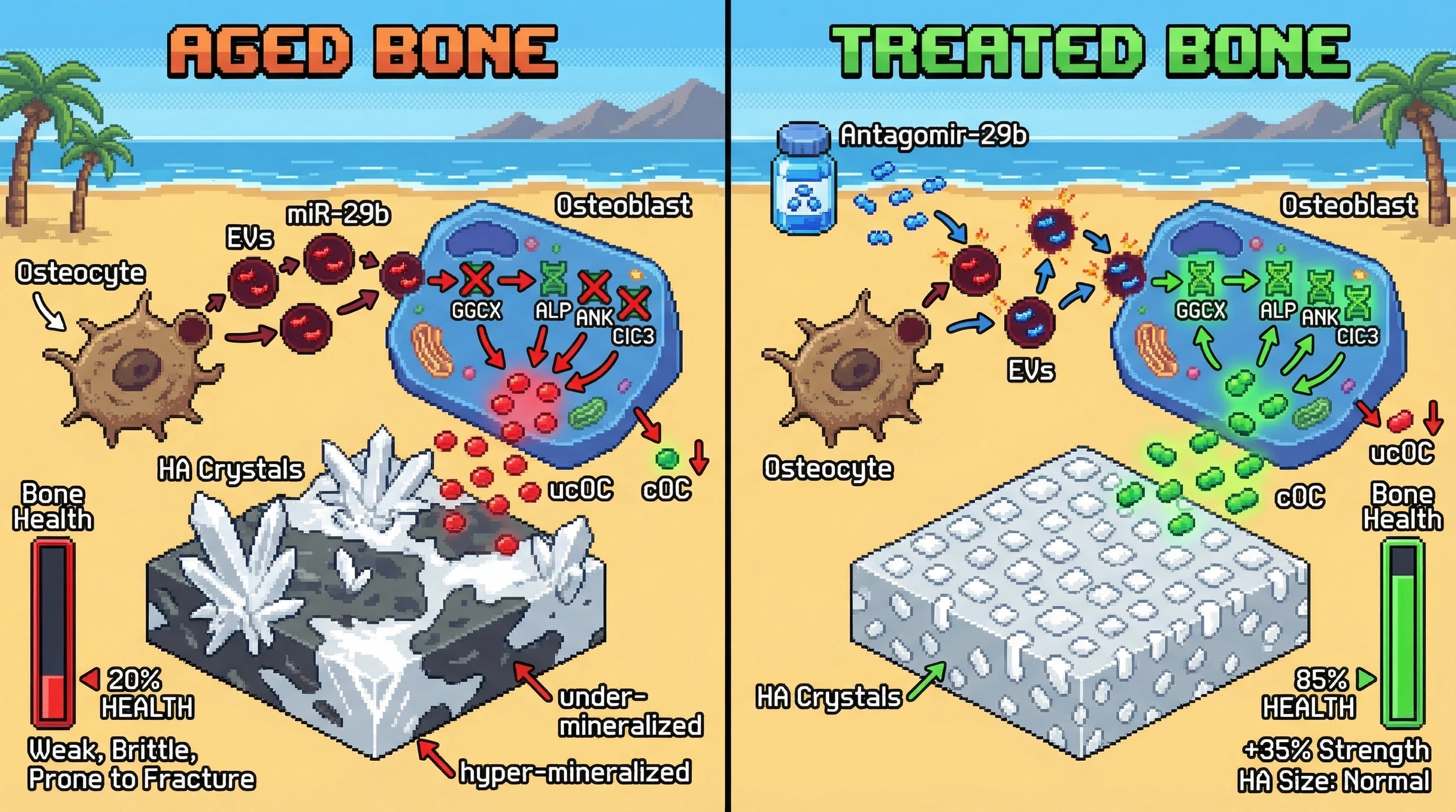 Infographic for: Hypothesis: Osteocyte-derived extracellular vesicles carrying miR-29b mediate age-related uncoupling of osteocalcin carboxylation and hydroxyapatite crystallization