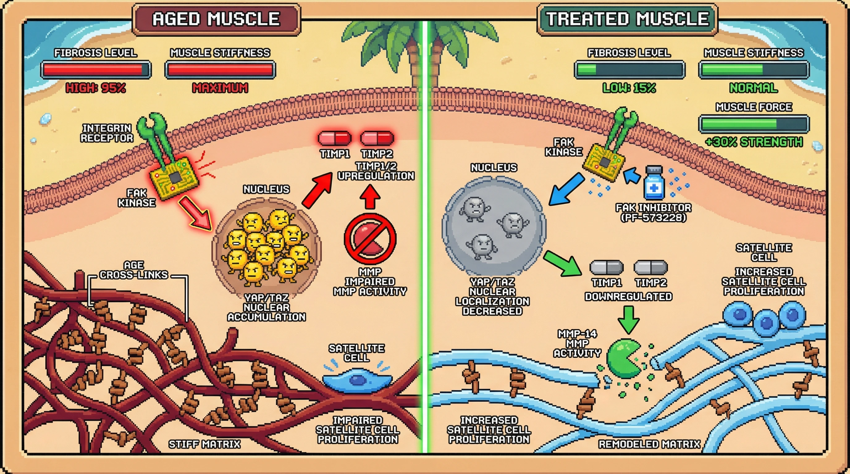 Mechanism: In aged muscle, AGE-crosslinks drive integrin-FAK signaling, leading to nuclear YAP/TAZ accumulation and TIMP upregulation, which impairs MMP activity and matrix remodeling. Readout: Readout: Inhibiting FAK reduces stiffness, decreases fibrosis from 95% to 15%, and boosts muscle force by 30%, restoring satellite cell proliferation.