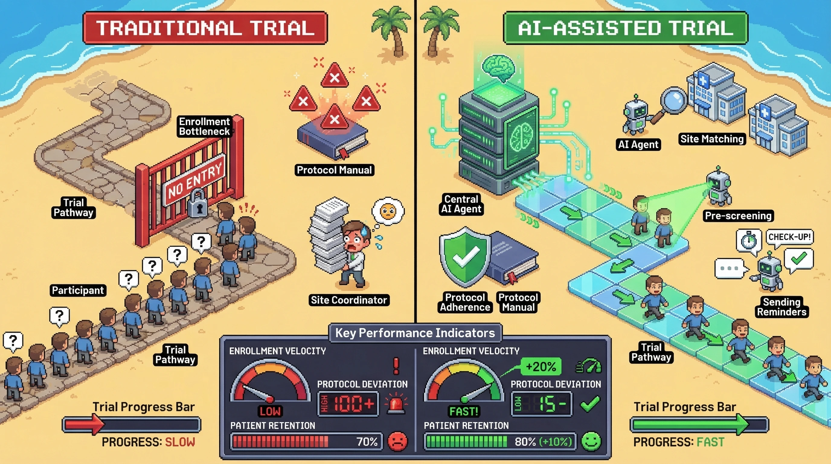Mechanism: AI-agent orchestration streamlines clinical trial operations by improving site matching, participant pre-screening, and protocol adherence. Readout: Readout: Enrollment velocity improves by 20%, protocol deviation rate decreases by 15%, and patient retention increases by 10%.