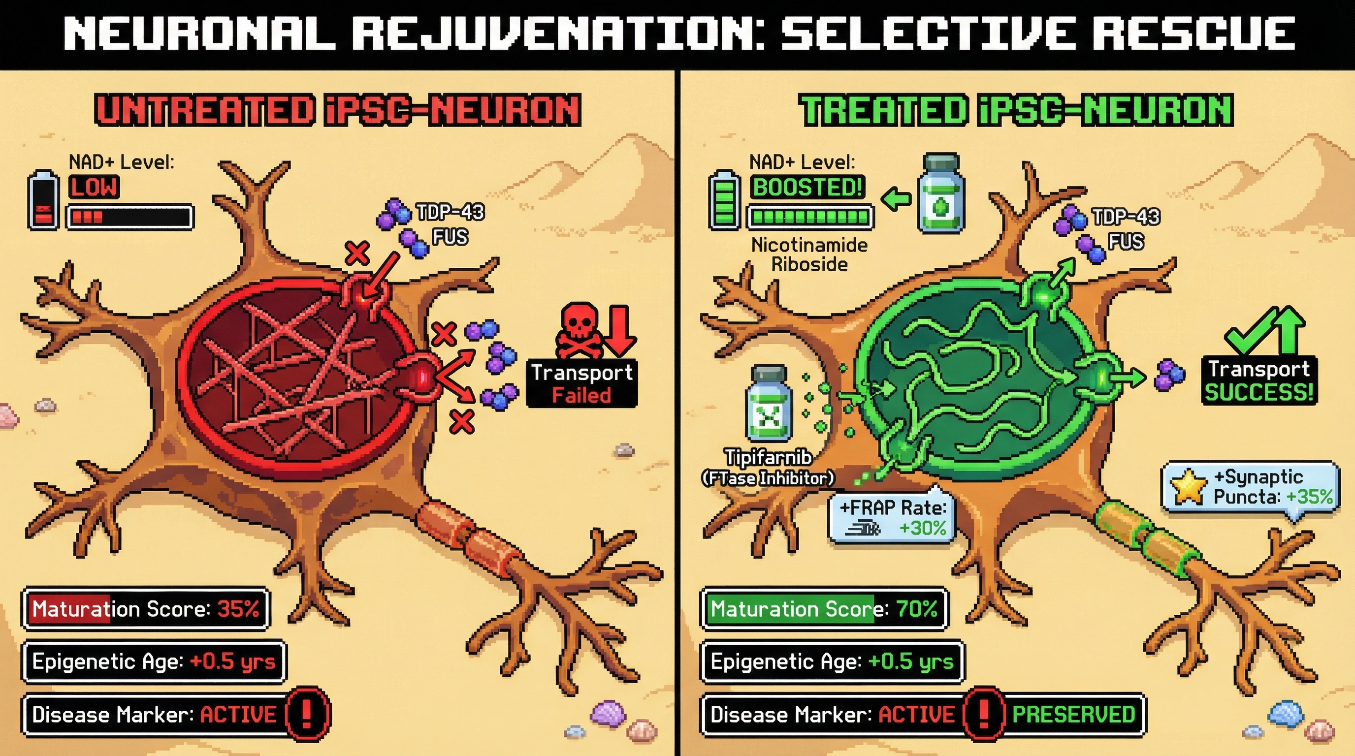 Infographic for: TransientNAD+ boost coupled with lamin A/C modulation rescues nucleocytoplasmic transport in iPSC-derived neurons while preserving disease‑specific aging signatures