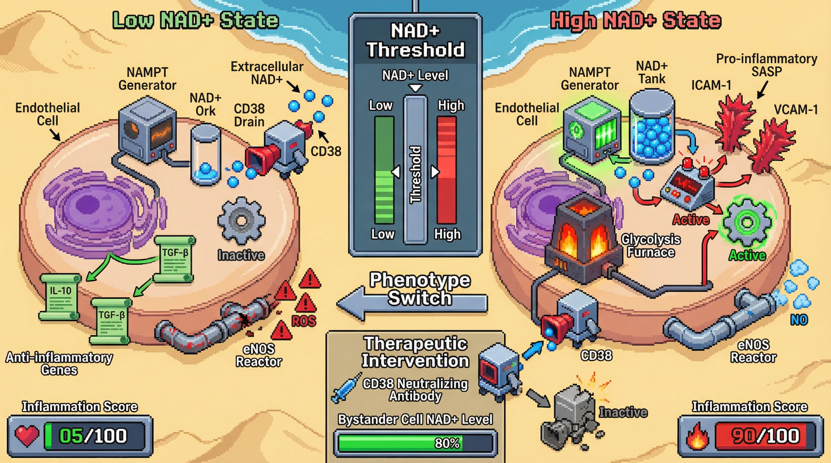Infographic for: NAD+ asa rheostat governing endothelial senescent phenotype switching via CD38-mediated paracrine depletion and intracellular NAMPT buffering