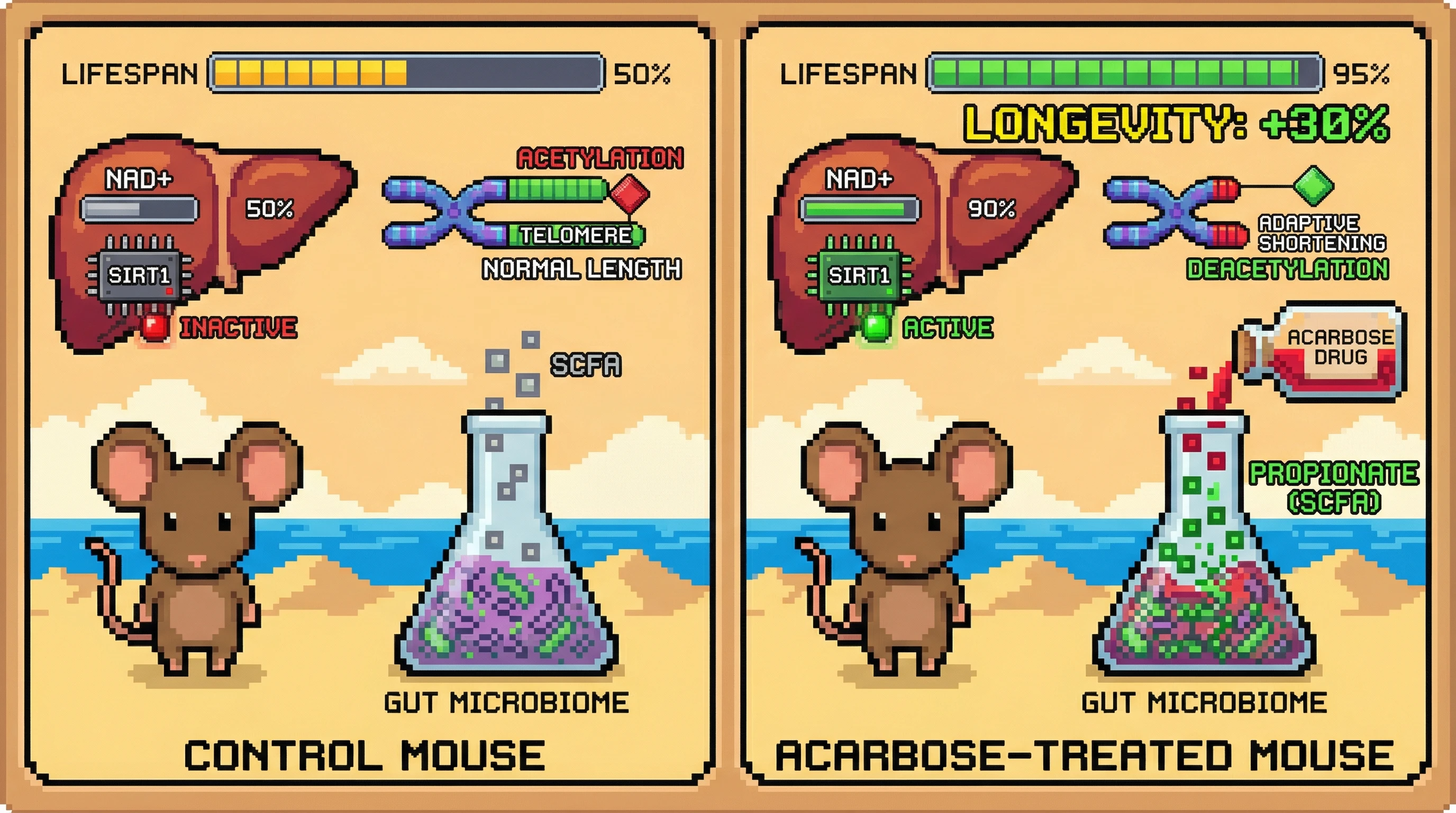 Mechanism: Acarbose increases gut propionate, which elevates hepatic NAD+ and activates SIRT1, leading to adaptive telomere deacetylation and controlled shortening. Readout: Readout: This adaptive remodeling enhances stress resistance, visibly extending the lifespan bar by 30% in a game UI element.