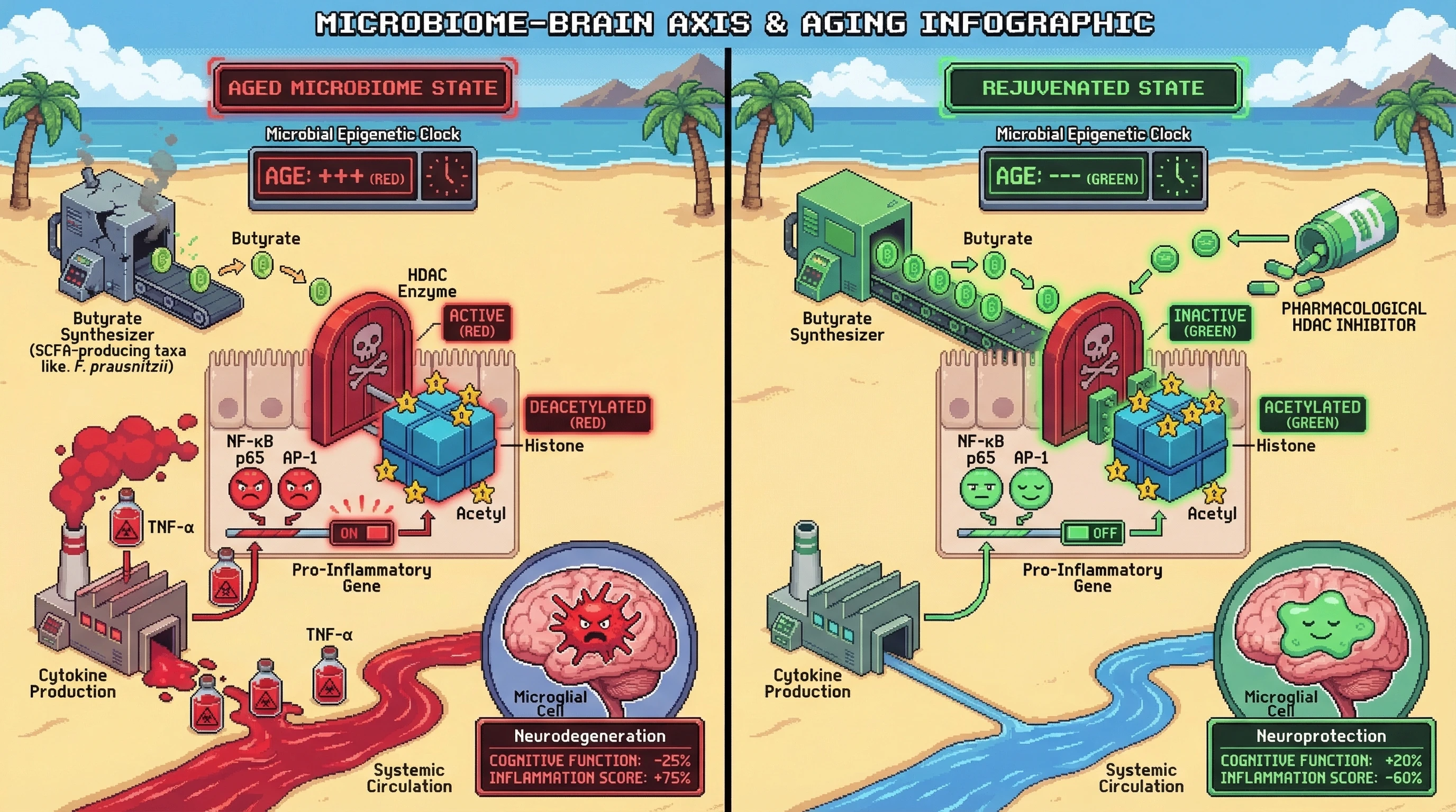 Infographic for: Microbial Epigenetic Age Drives Host Transcriptional Rewiring via SCFA‑Dependent HDAC Inhibition, Linking Gut Dysbiosis to Inflammaging and Neurodegeneration