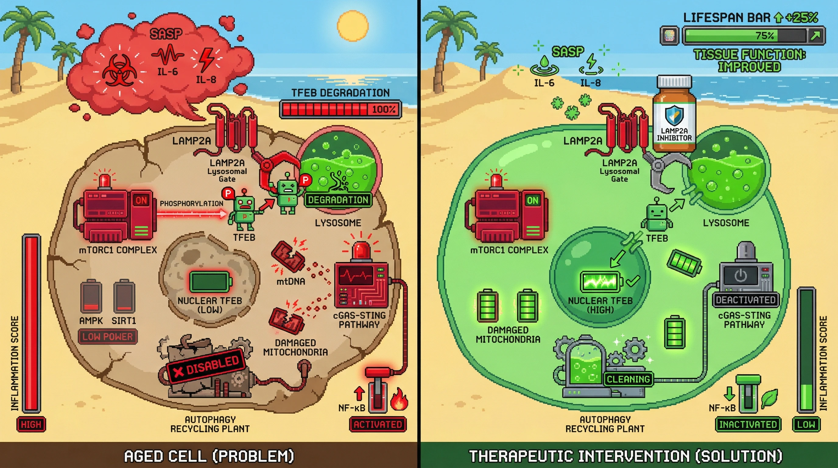 Infographic for: Active lysosomal sequestration of TFEB drives autophagy suppression to sustain senescent cell SASP and inflammaging