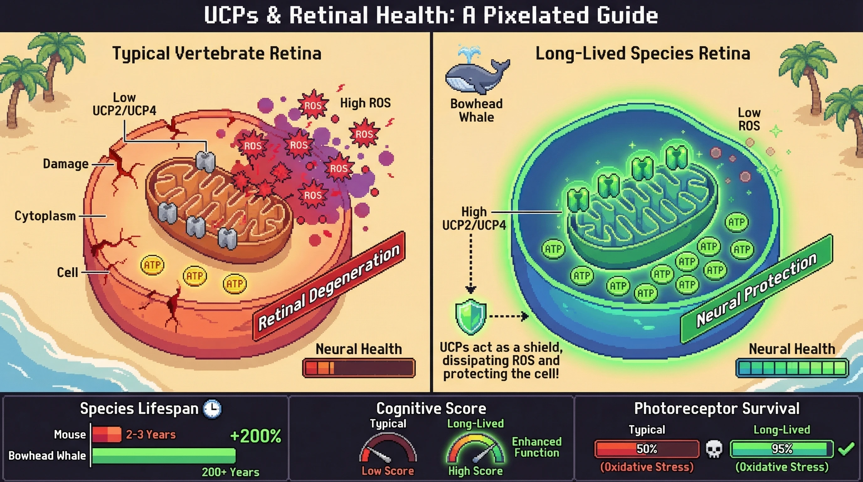Mechanism: High retinal UCP2/UCP4 expression in long-lived species reduces reactive oxygen species (ROS) in photoreceptor mitochondria, preventing neural damage. Readout: Readout: This correlates with enhanced photoreceptor survival under oxidative stress, higher cognitive scores, and significantly extended maximum species lifespans.