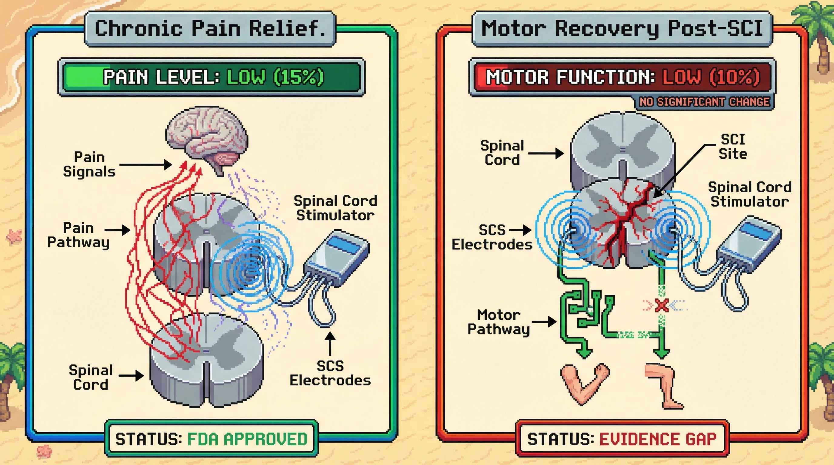 This infographic contrasts the established efficacy of Spinal Cord Stimulators (SCS) for reducing chronic pain with the current lack of strong evidence for their use in restoring motor function after spinal cord injury.