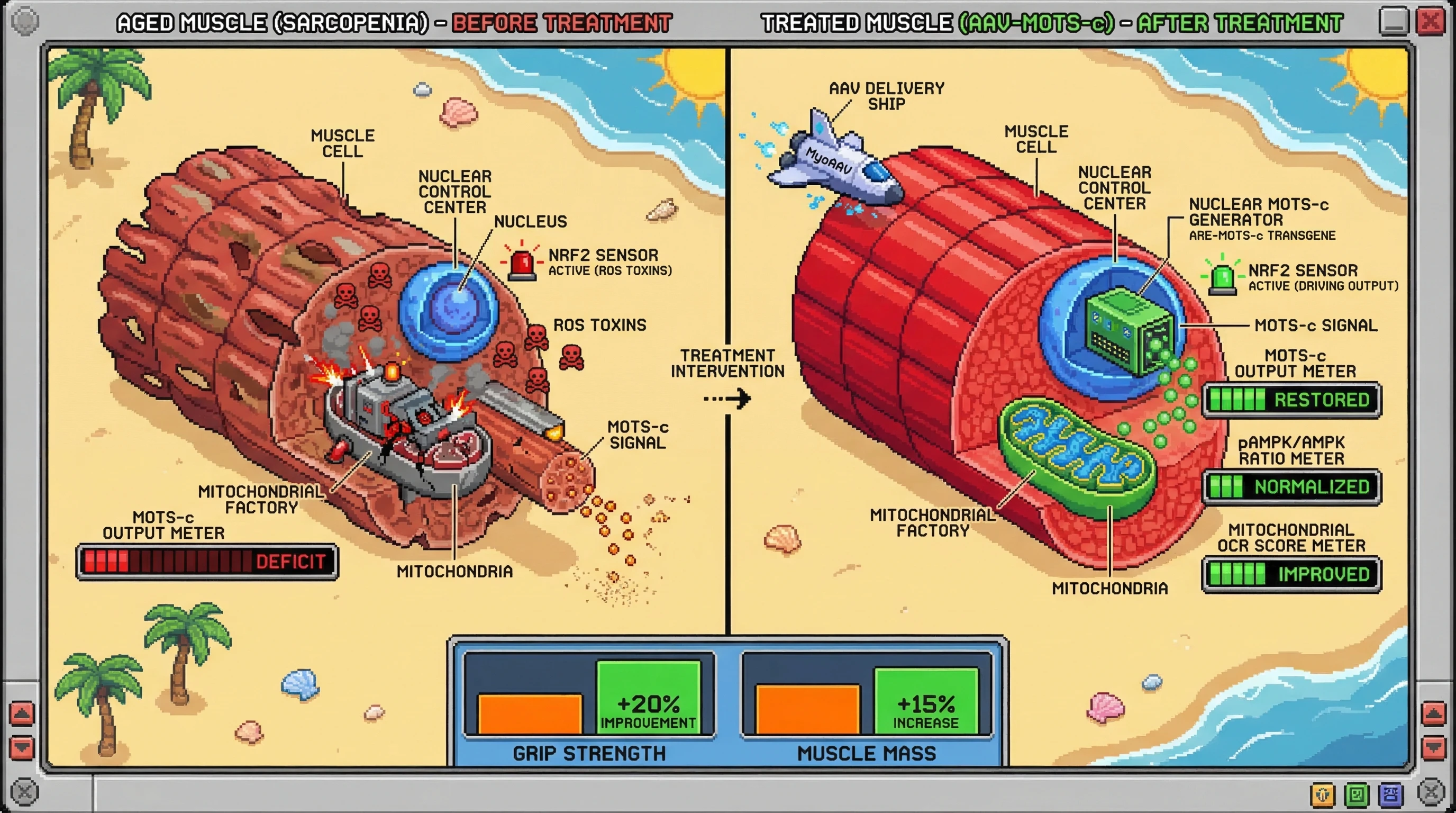 Infographic for: AAV-mediated delivery of a stress-gated, nuclear-encoded MOTS-c transgene to aged sarcopenic muscle autonomously repa...