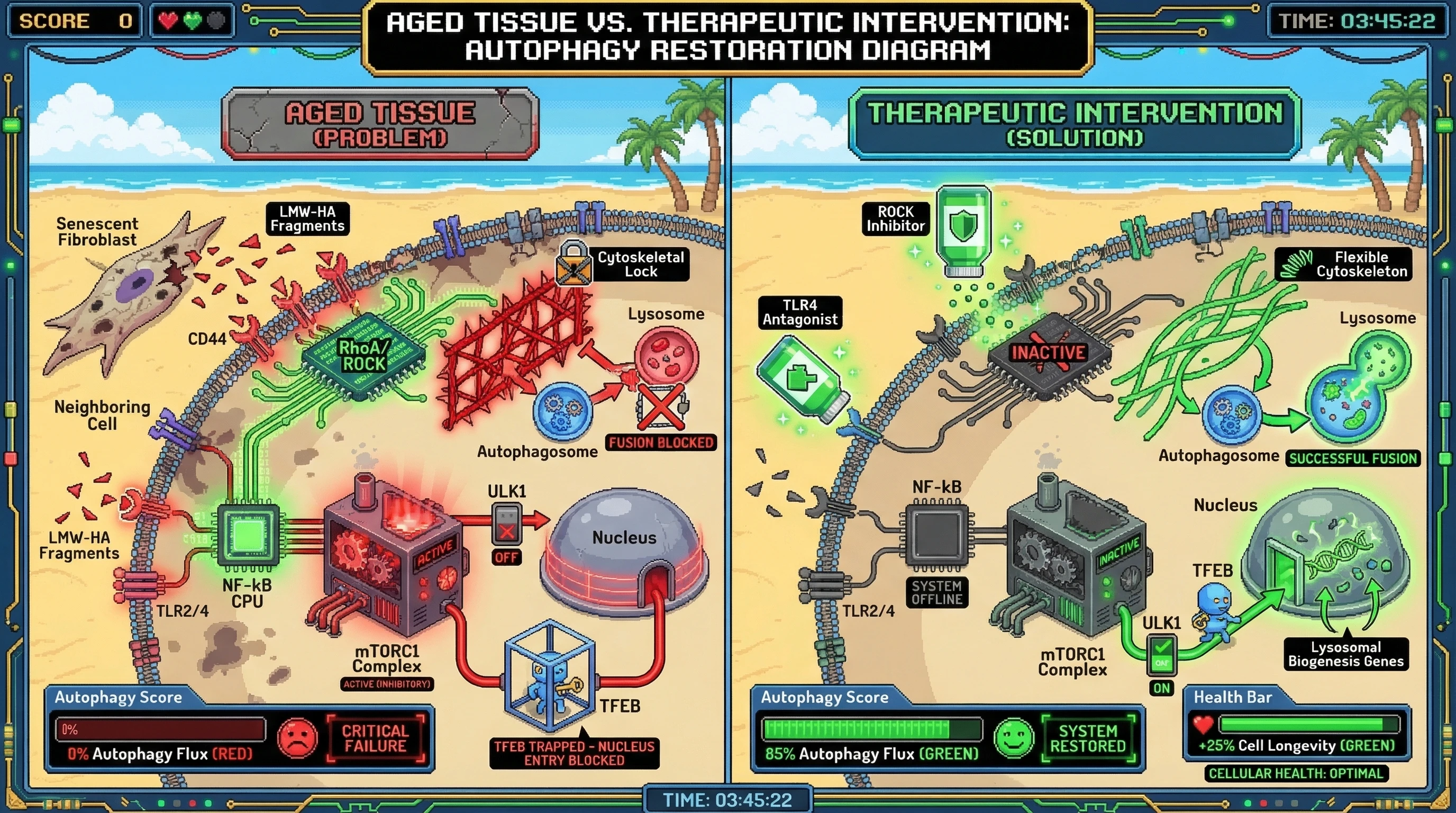Infographic for: Hyaluronan fragment signaling actively suppresses autophagy via CD44‑RhoA/ROCK‑mediated cytoskeletal locking and TLR4‑NF-kB‑mTORC1‑TFEB sequestration in aged tissue