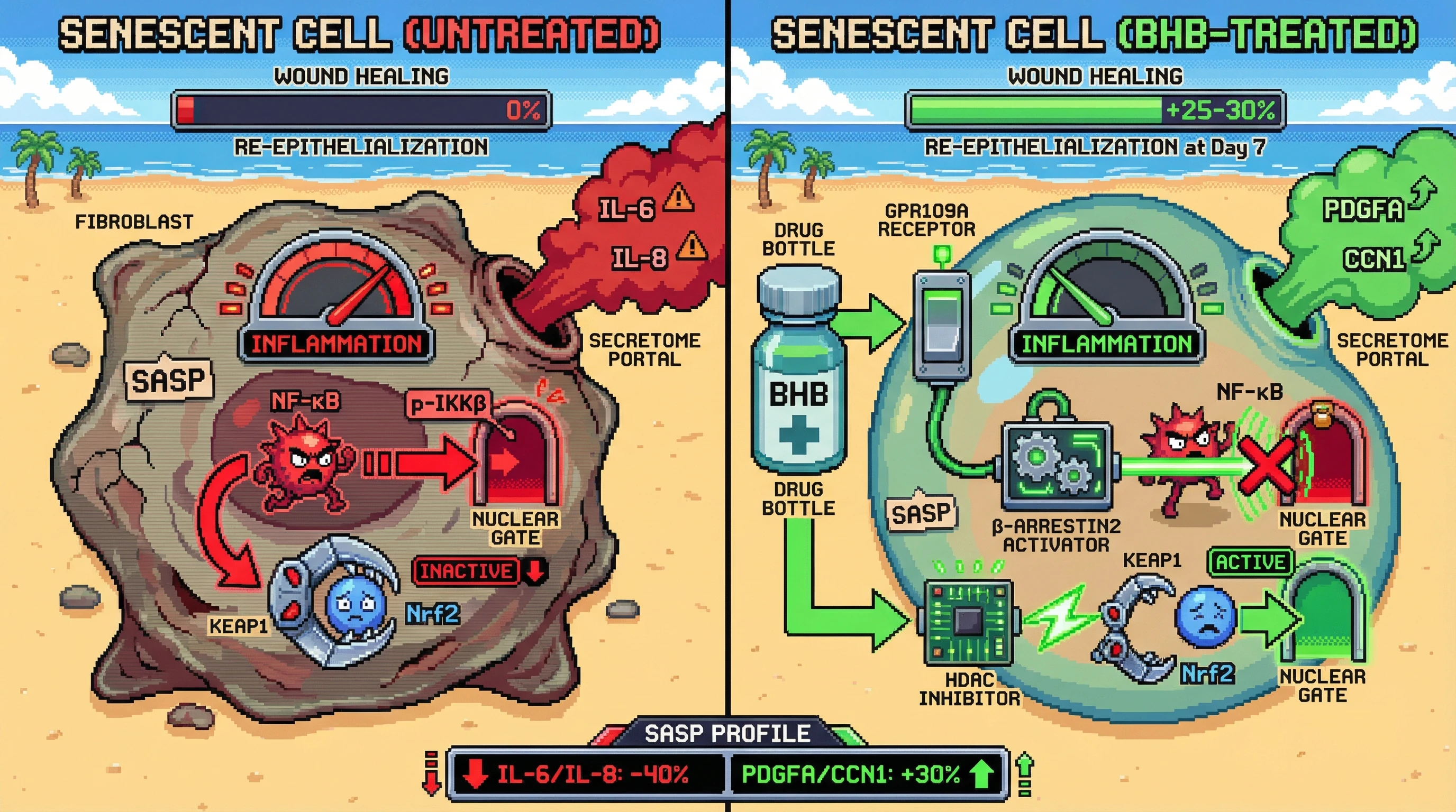 Infographic for: Beta-hydroxybutyrate as a senomorphic modulator of the senescence-associated secretory phenotype via GPR109A–β-arrestin–Nrf2 axis