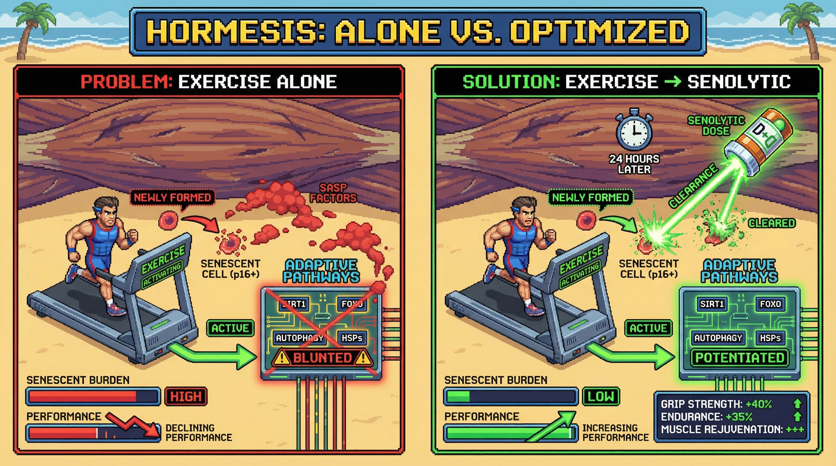 Mechanism: Hormetic stress (exercise) activates protective pathways but also generates senescent cells that secrete SASP and blunt these benefits. Readout: Readout: Timed senolytic clearance after exercise removes these senescent cells, sustaining adaptive pathways and significantly boosting functional outcomes like grip strength and endurance.