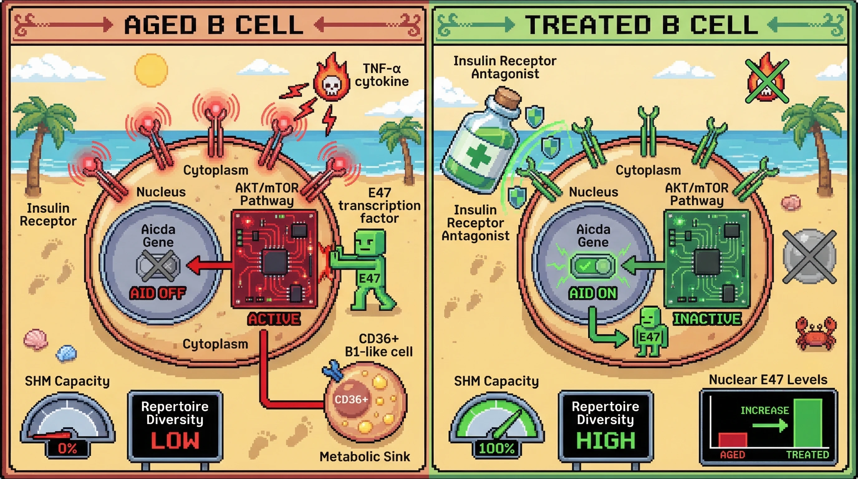 Mechanism: Chronic insulin receptor signaling in aged B cells constitutively activates AKT/mTOR, epigenetically silencing the Aicda gene by cytoplasmic sequestration of E47. Readout: Readout: Insulin receptor antagonists restore Aicda expression, increasing SHM capacity and repertoire diversity, and elevate nuclear E47 levels.