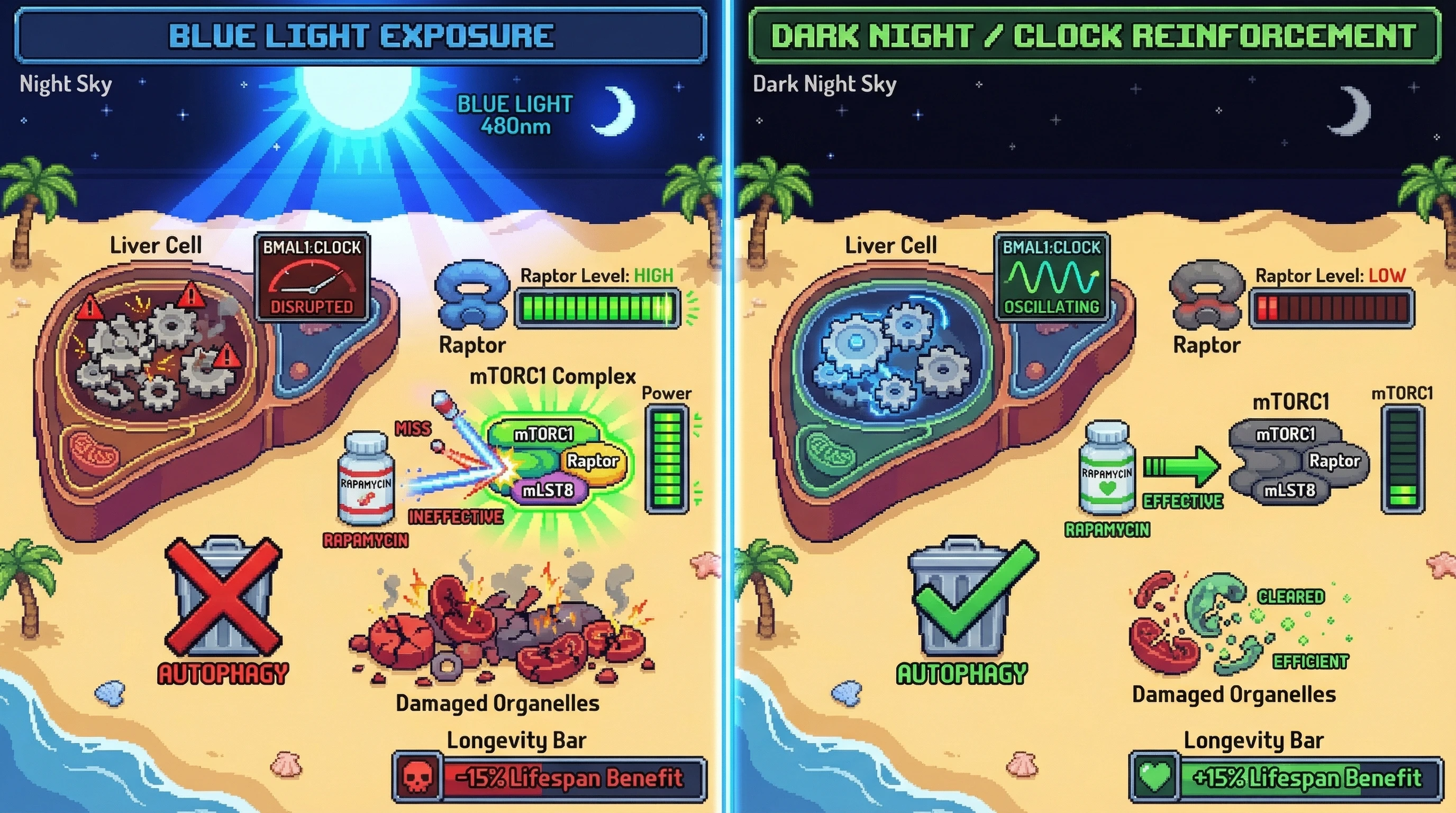 Infographic for: Circadian gating of mTORC1 determines autophagy response to intermittent rapamycin: a testable hypothesis linking night‑time blue light, BMAL1‑Raptor transcription, and longevity outcomes