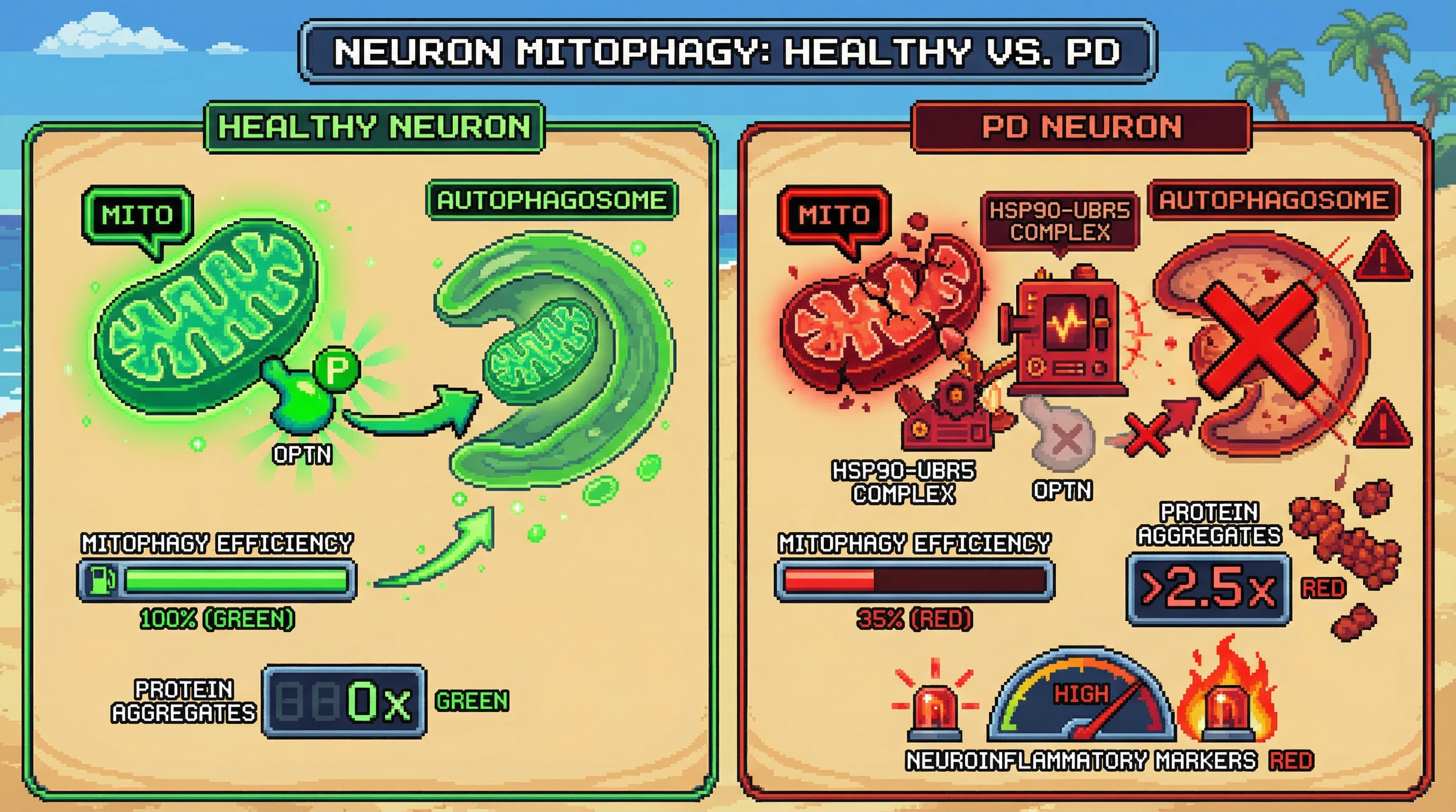 Infographic for: HSP90-UBR5 Disrupts OPTN Phosphorylation, Compromising Mitophagy in Dopaminergic Neurodegeneration