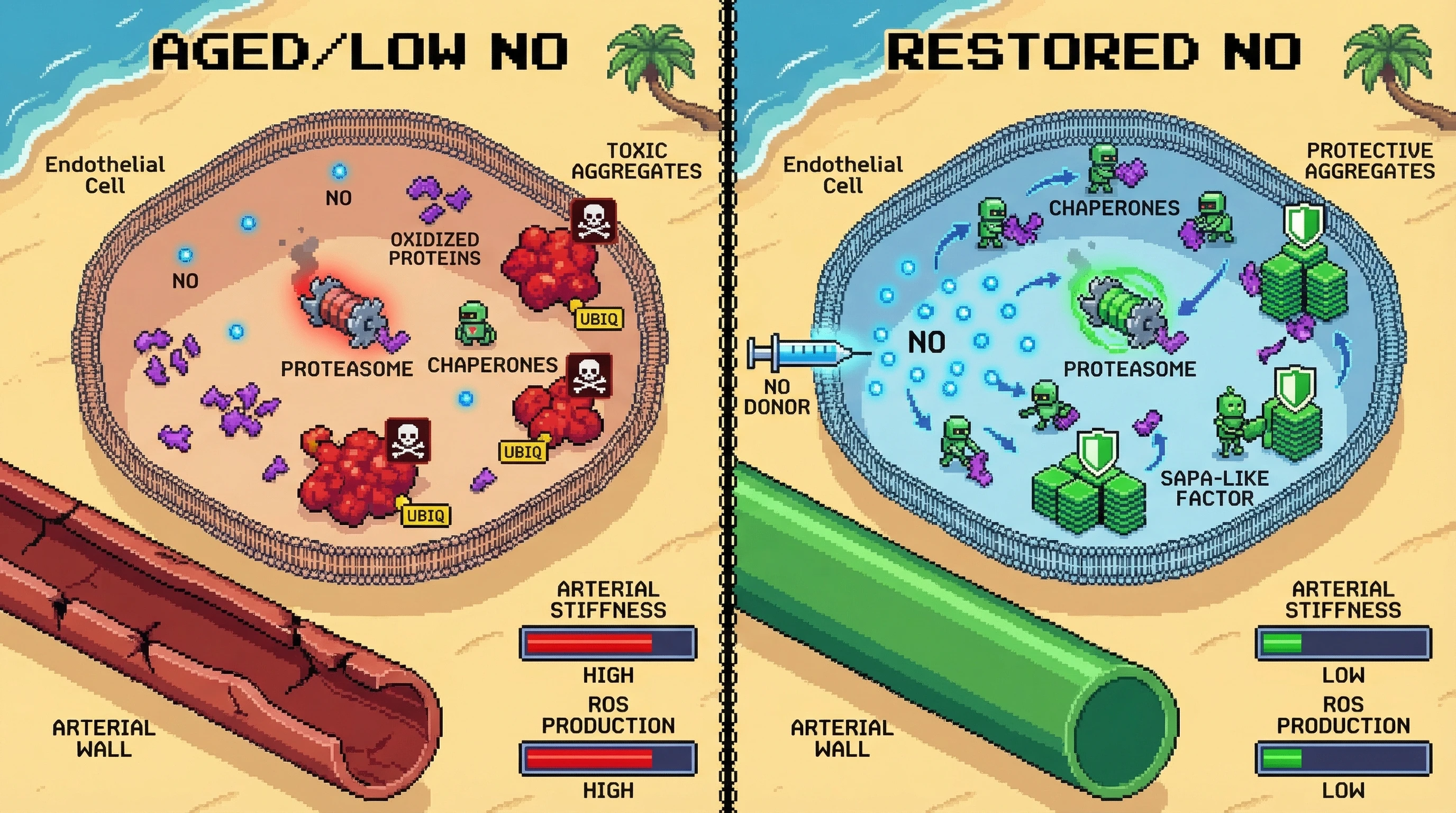 Mechanism: Nitric oxide (NO) acts as a molecular switch, shifting protein aggregates from toxic deposits to beneficial, protective structures in endothelial cells. Readout: Readout: Restoring NO decreases arterial stiffness and ROS production, while promoting the formation of sequestering aggregates that reduce cytotoxicity.