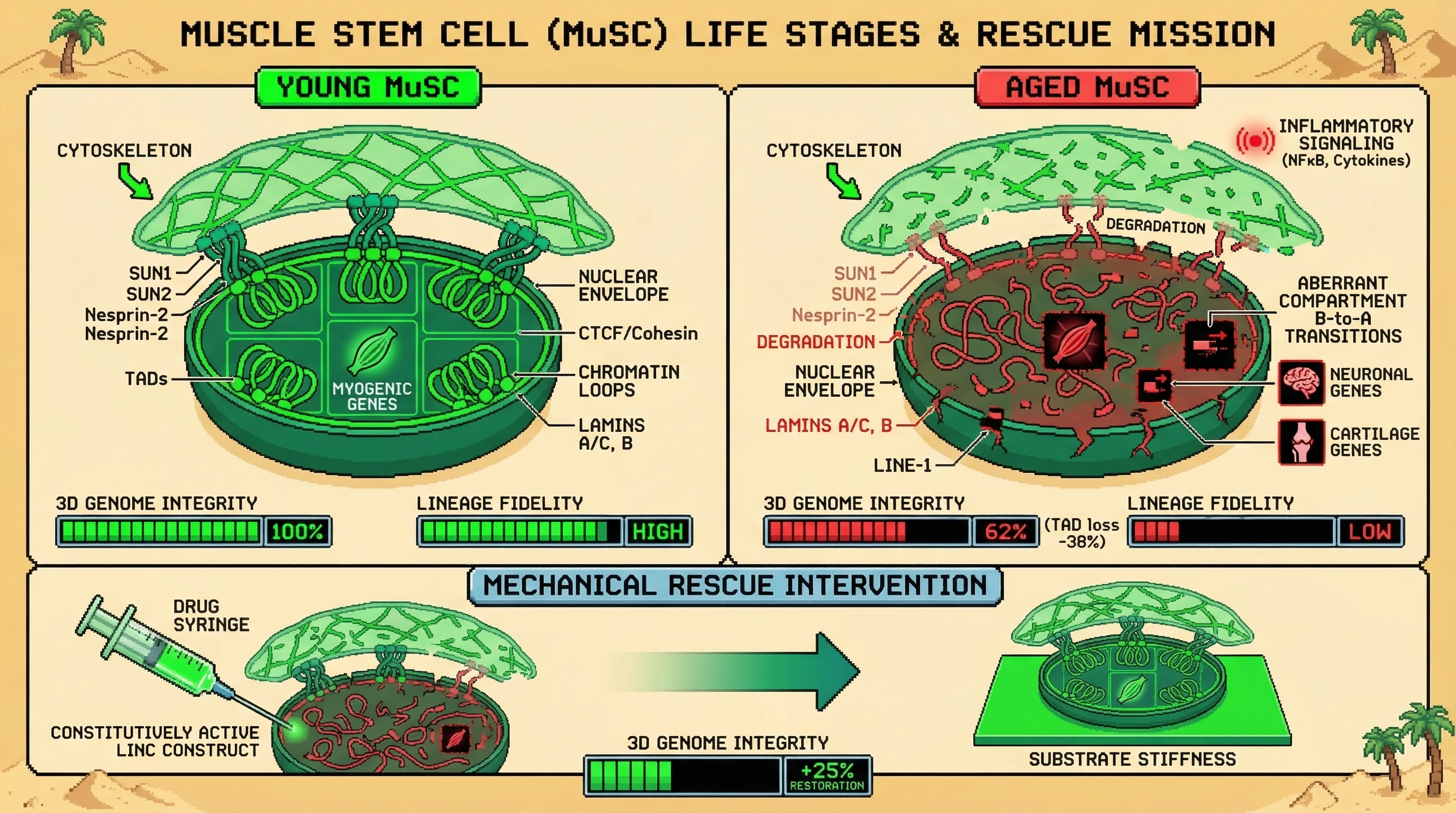 Mechanism: Age-related LINC complex degradation impairs mechanotransduction to the nuclear envelope, leading to 3D genome decay and muscle stem cell lineage infidelity. Readout: Readout: Mechanical rescue interventions partially restore TAD insulation and 3D genome integrity, counteracting age-related decline.