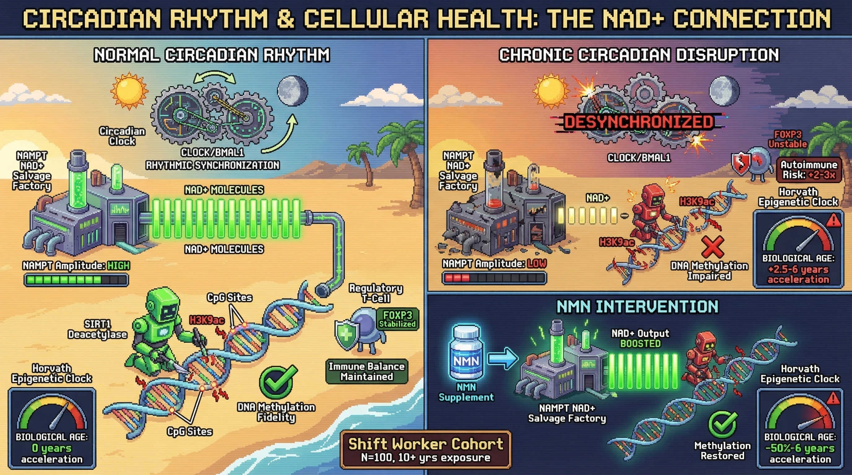Mechanism: Chronic circadian disruption flattens NAMPT-driven NAD+ oscillations, reducing SIRT1 activity and impairing DNA methylation fidelity, which accelerates epigenetic aging. Readout: Readout: Shift workers show 2.5-6 years epigenetic age acceleration, attenuated by 50% with timed NMN supplementation.