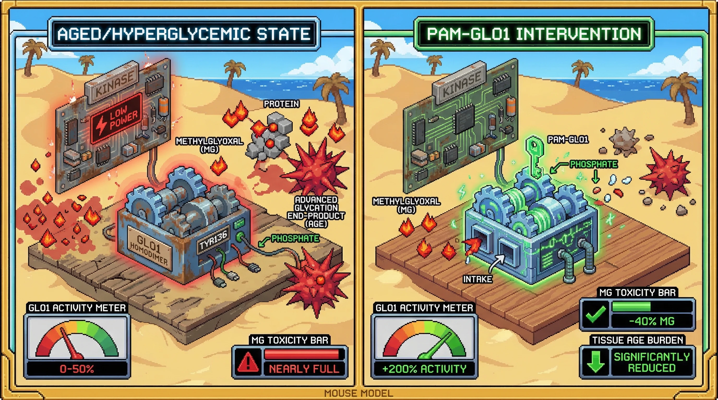 Infographic for: A phosphomimetic small-molecule PAM targeting the Tyr136-proximal dimer interface of GLO1 bypasses kinase-dependent r...
