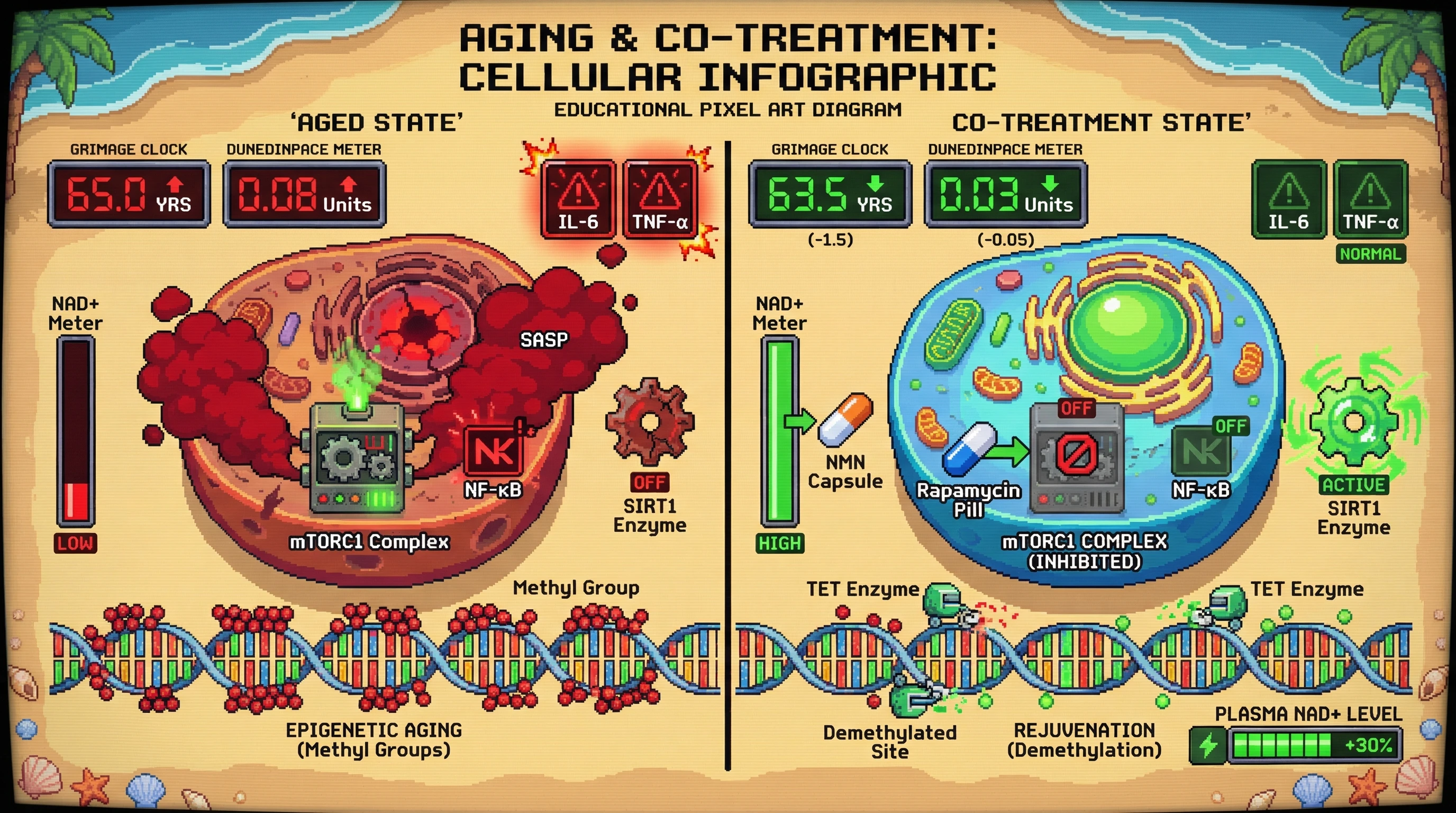 Infographic for: Intermittent rapamycin plus NAD+ precursor co‑treatment reverses GrimAge and DunedinPACE faster than either alone