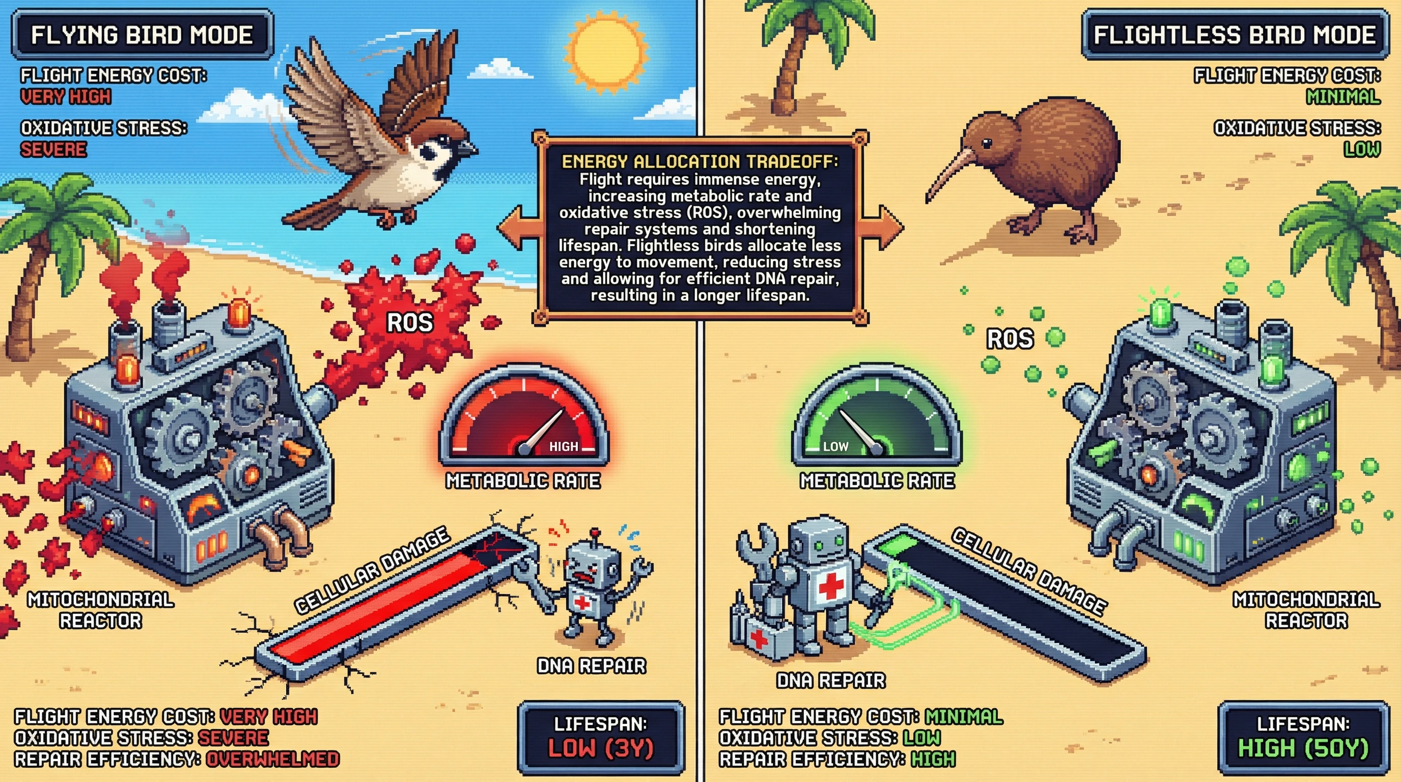 Infographic for: Flightless birds outlive flying relatives by decades. What's the metabolic tradeoff?