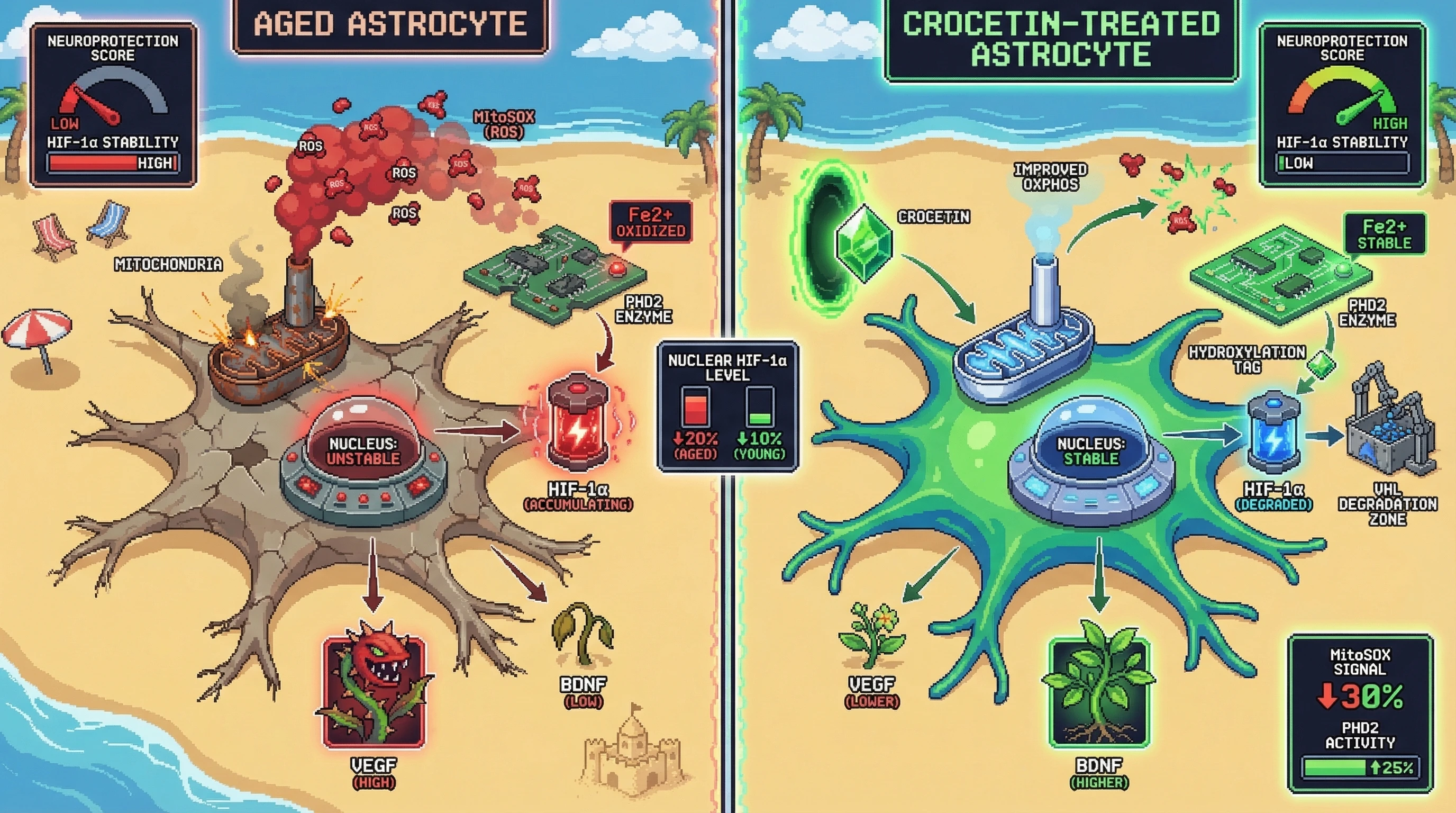 Infographic for: Crocetin modulates HIF-1α stability via mitochondrial ROS scavenging and PHD2 activation in astrocytes, conferring age‑dependent neuroprotection