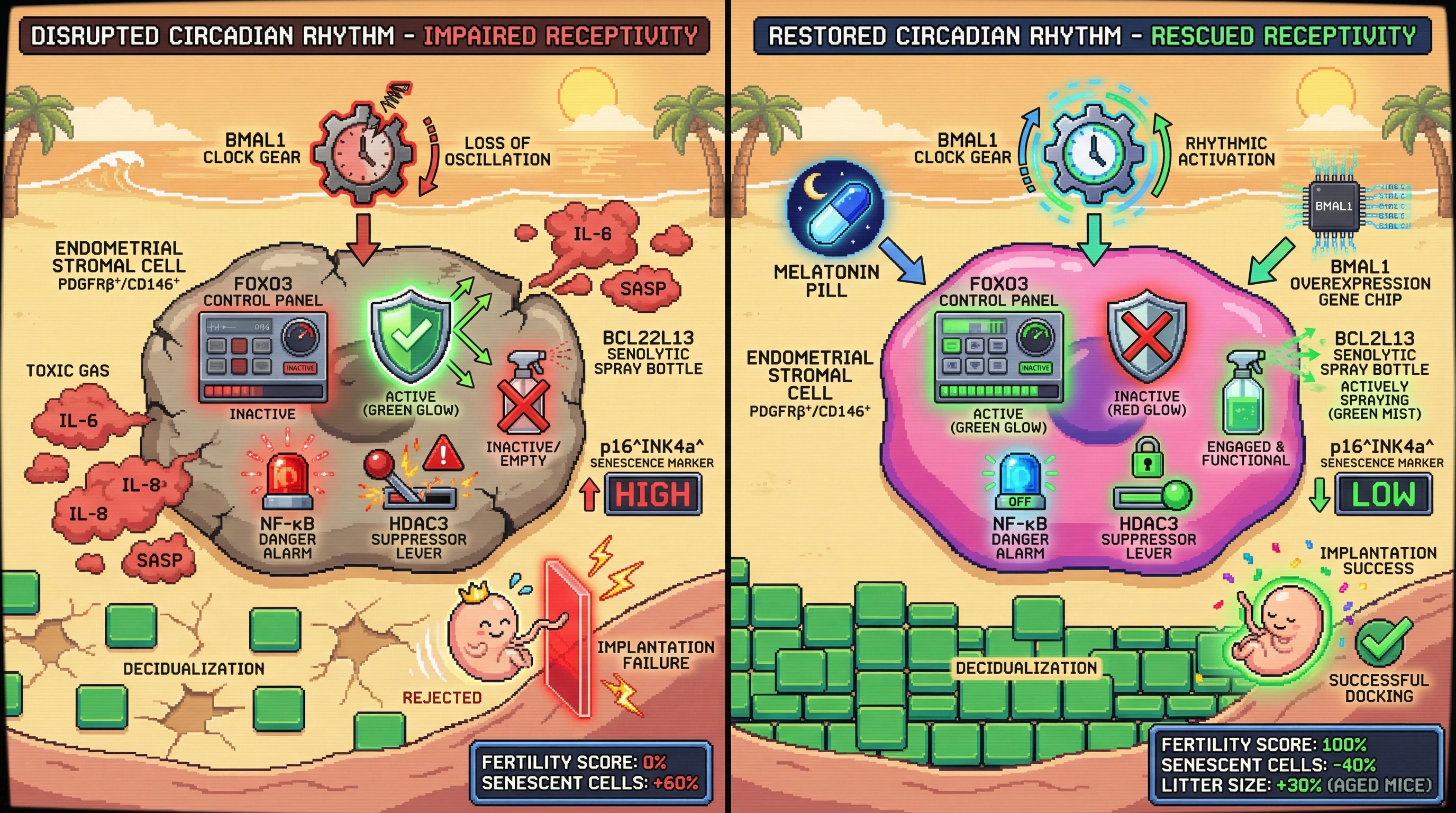 Infographic for: Circadian gating of senolytic stromal subsets determines endometrial receptivity and reproductive longevity
