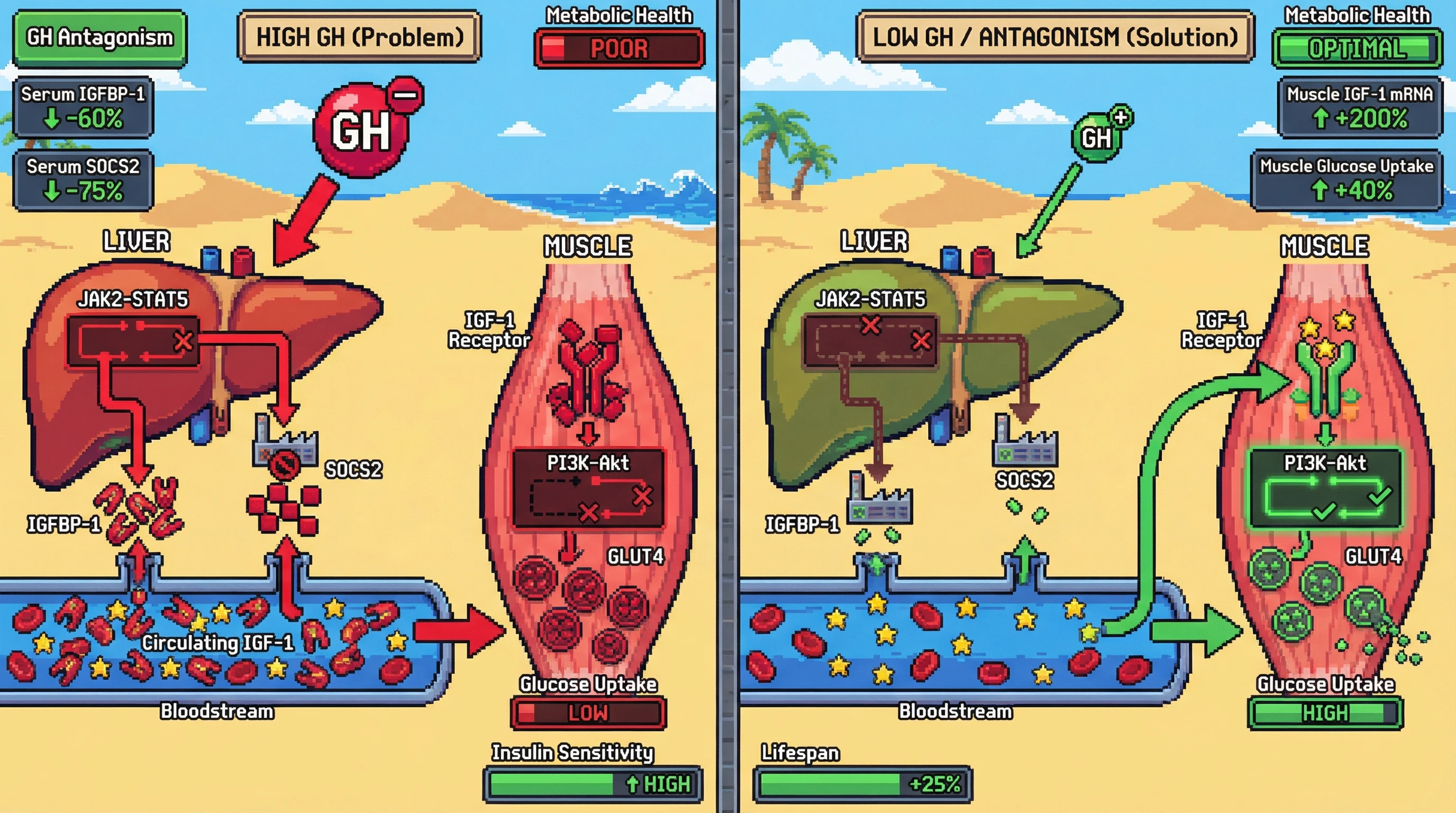 Mechanism: Declining GH shifts IGF-1 signaling from systemic inhibition to local muscle activation, via reduced liver IGFBP-1 and SOCS2, enabling muscle IGF-1R to activate PI3K-Akt and GLUT4. Readout: Readout: This process increases muscle IGF-1 mRNA, enhances glucose uptake, improves insulin sensitivity, and extends lifespan by 25%.