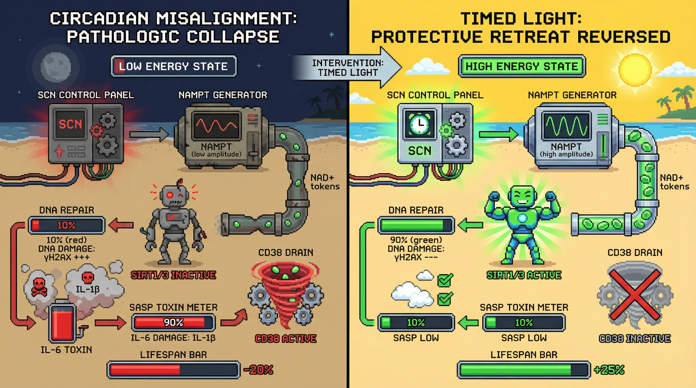 Infographic for: Circadian NAD+ Gatekeeping: Light‑Driven NAMPT Rhythms Determine Whether NAD+ Decline Is a Protective Retreat or a Pathologic Collapse