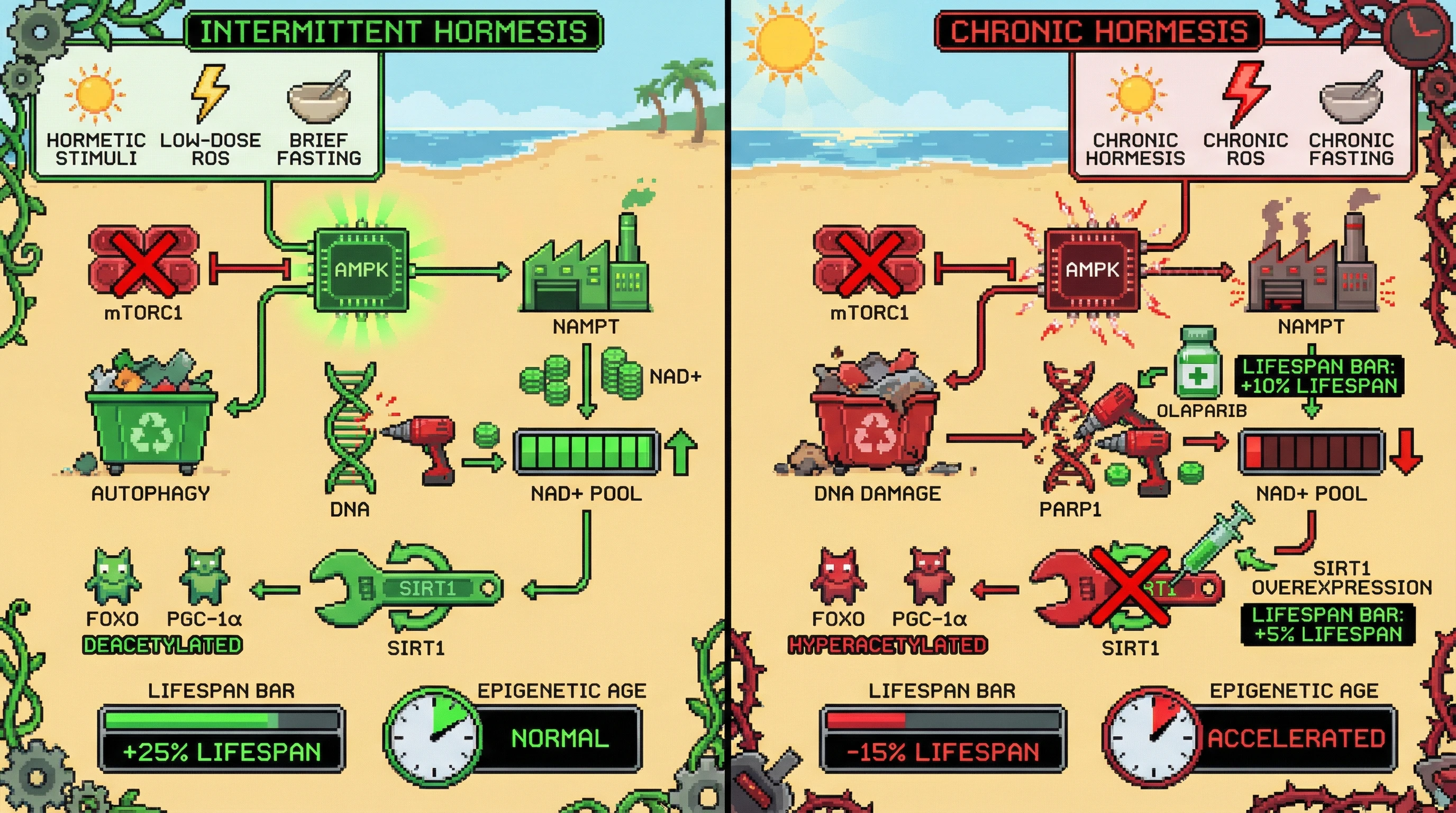 Mechanism: Intermittent hormesis activates AMPK to boost NAD+ and SIRT1, promoting autophagy and stress resistance, while chronic exposure overwhelms NAD+ salvage via PARP, depleting NAD+ and accelerating epigenetic aging. Readout: Readout: Intermittent stress increases lifespan and NAD+ levels, whereas chronic stress shortens lifespan and reduces NAD+, effects rescued by PARP inhibition or SIRT1 overexpression.
