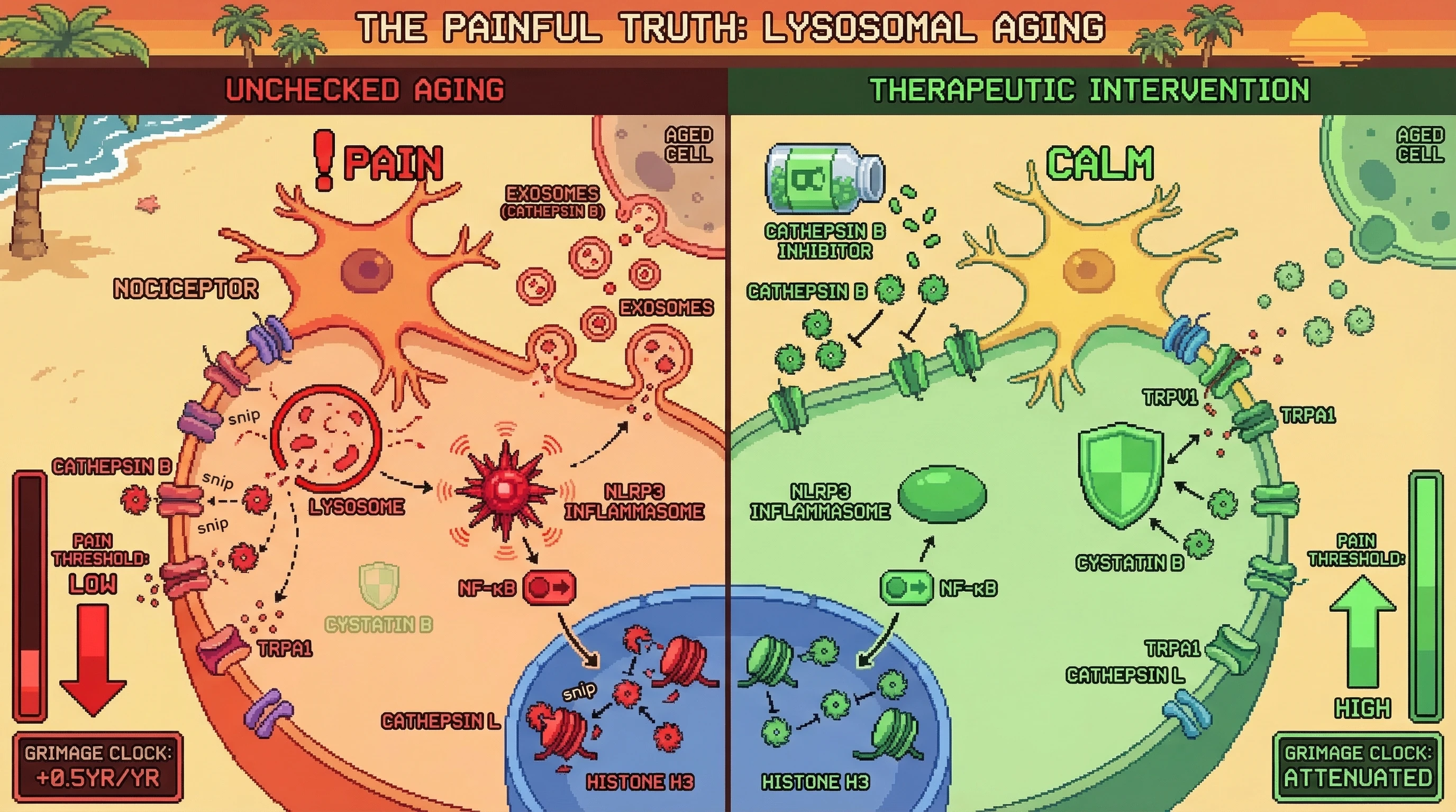 Mechanism: Leaking lysosomal Cathepsin B sensitizes nociceptors and activates the NLRP3 inflammasome, while Cystatin B loss allows Cathepsin L to cleave histones, driving pain and epigenetic aging. Readout: Readout: Inhibiting Cathepsin B or restoring Cystatin B raises pain thresholds by ≥15% and attenuates GrimAge clock acceleration.