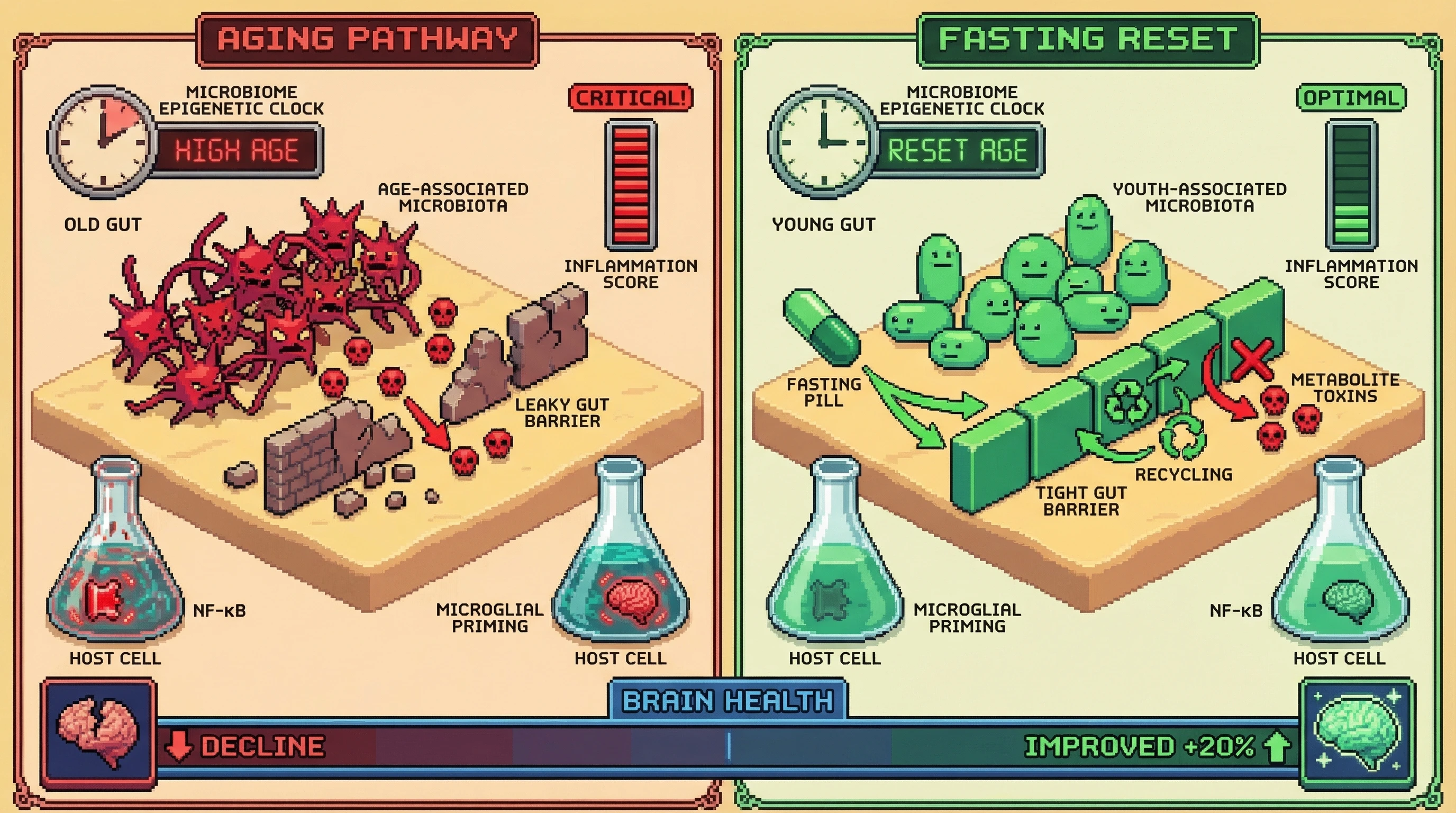 Mechanism: Fasting-induced autophagy in the gut remodels the microbiome, reducing its epigenetic age and decreasing inflammation-driving metabolites. Readout: Readout: Microbiome epigenetic age is reset, systemic inflammation score decreases, and brain health shows improved cognitive performance.
