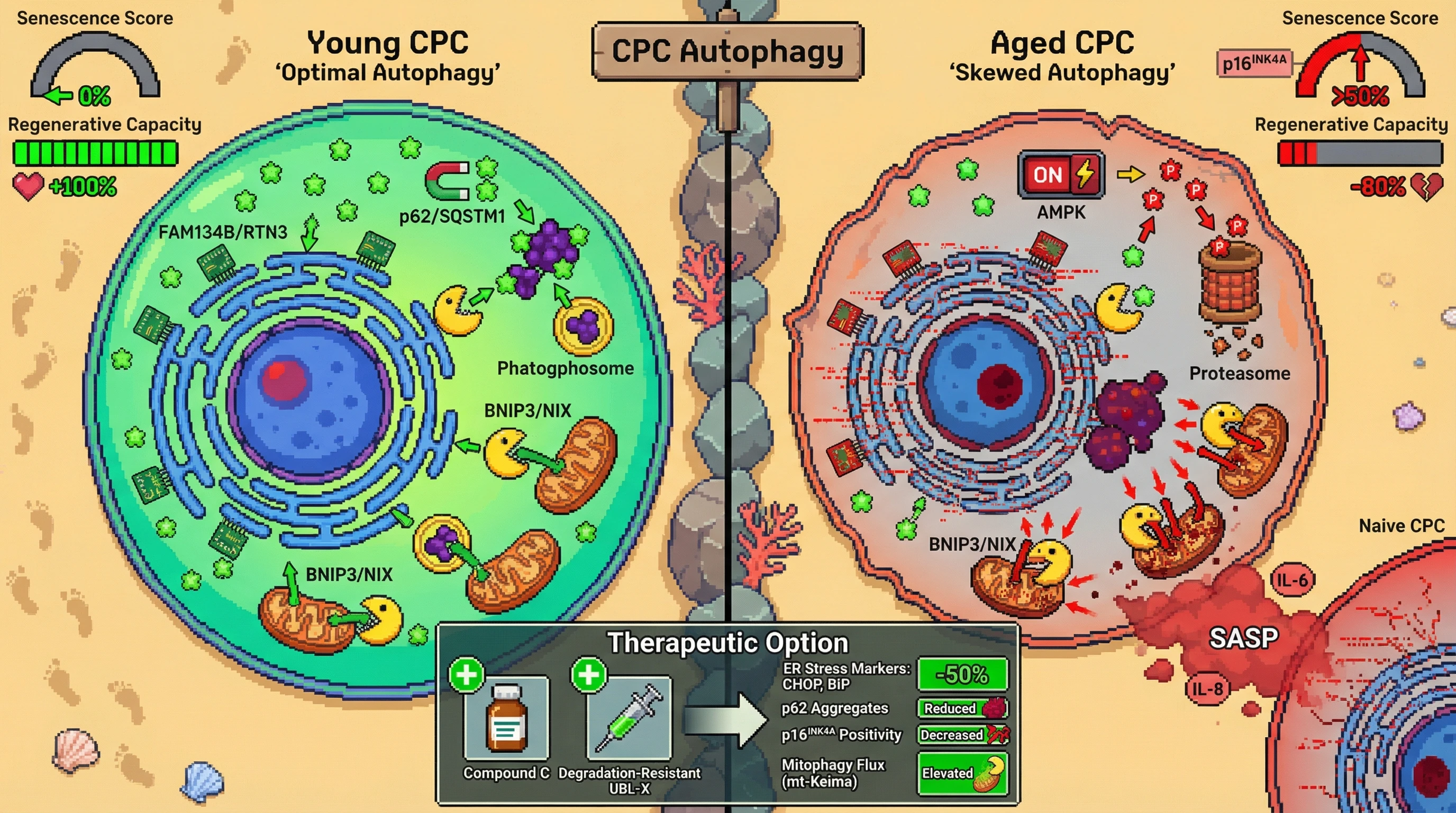 Mechanism: Age-dependent AMPK activation phosphorylates and degrades UBL-X, causing autophagic flux to skew towards mitophagy at the expense of ER-phagy and aggrephagy. Readout: Readout: This leads to ER stress, protein aggregate accumulation, and p16INK4A-dependent senescence in over 50% of aged cardiac progenitor cells.