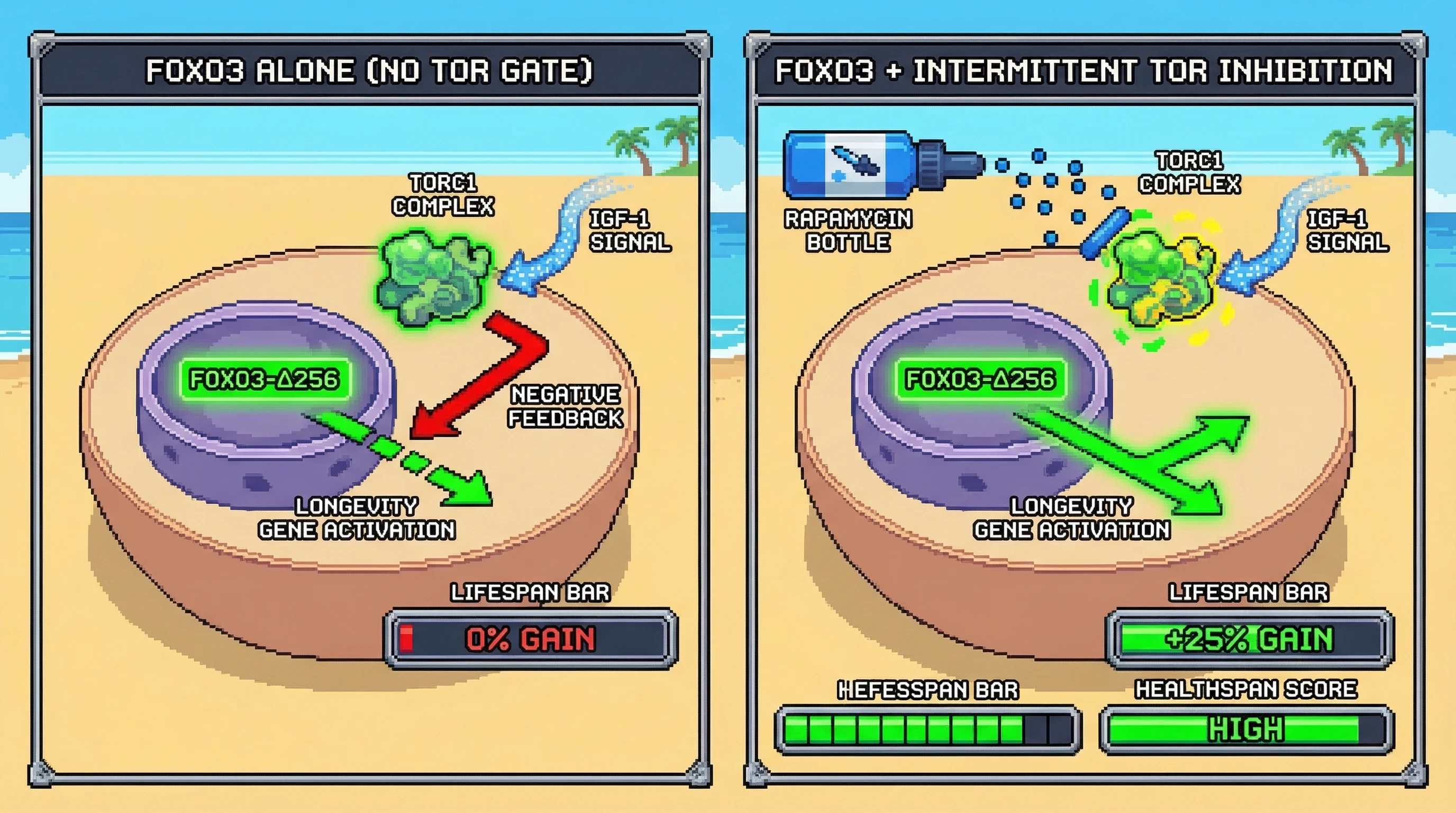 Mechanism: Intermittent TOR inhibition acts as a gate, preventing negative feedback from IGF-1/Akt signaling that otherwise blunts constitutive FOXO3 activity. Readout: Readout: This synergistic interaction leads to significant lifespan extension and improved healthspan, surpassing benefits from either intervention alone.