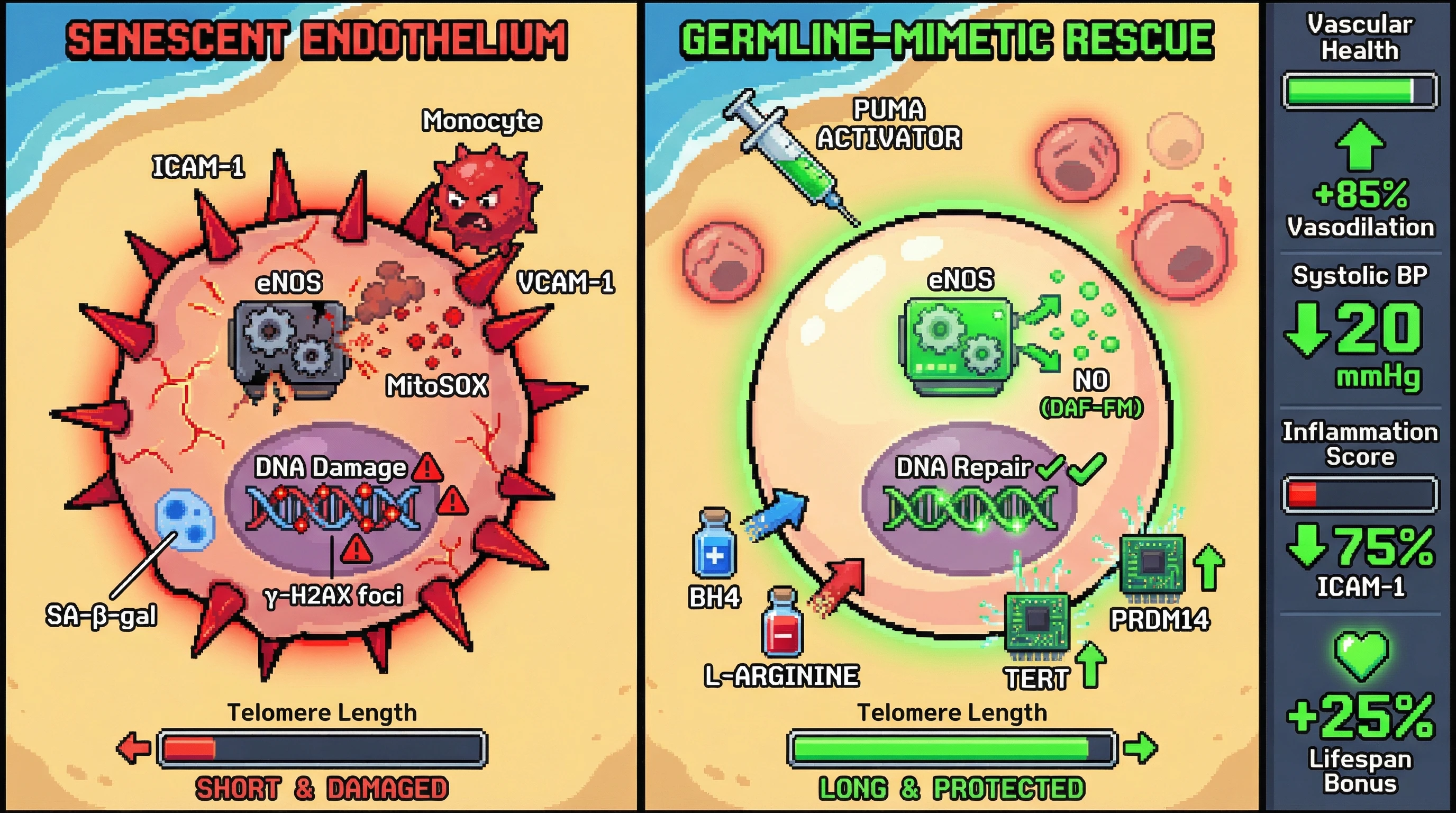 Infographic for: Germline‑grade selection pressure rescues endothelial function by coupling inducible apoptosis of damaged cells with BH4‑dependent eNOS recoupling