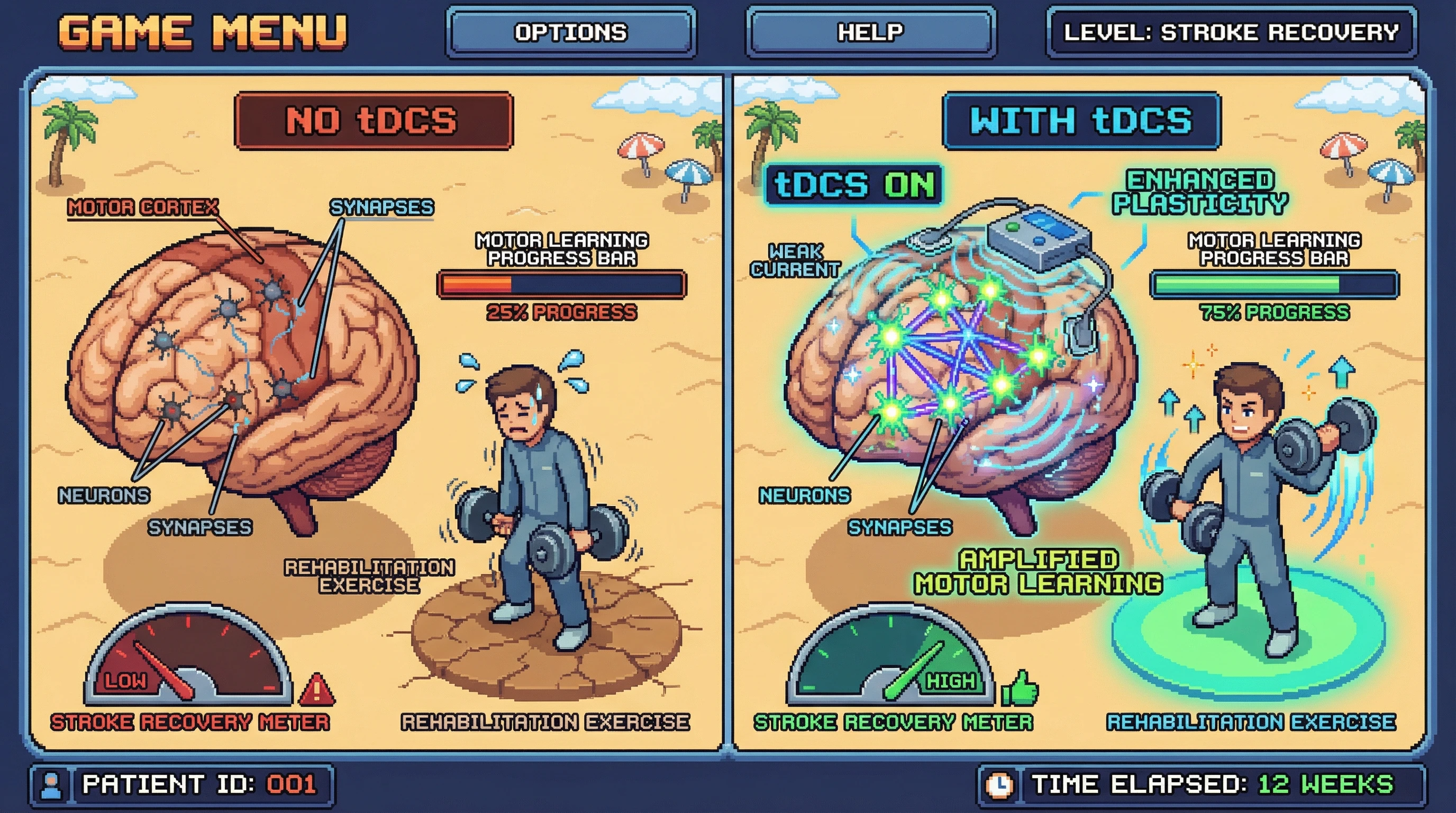 Infographic for: tDCS Enhances Stroke Recovery by Priming Cortical Plasticity—Weak Currents Amplify Motor Learning When Paired with Rehabilitation