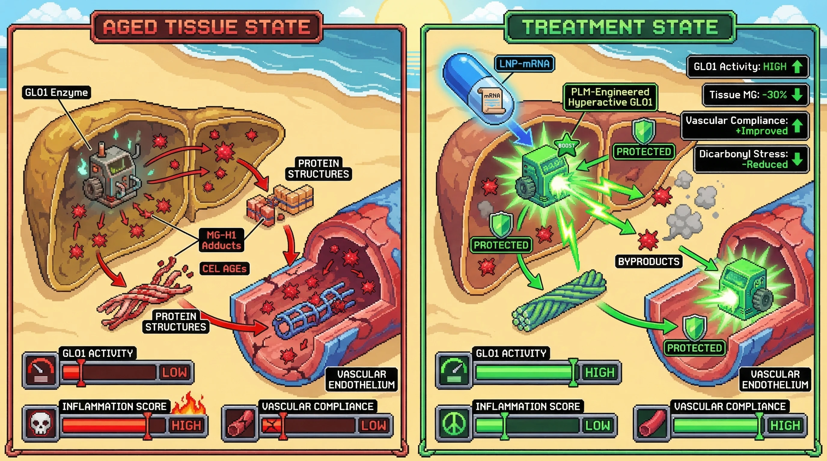 Infographic for: A PLM-engineered hyperactive GLO1 variant delivered as LNP-mRNA depletes accumulated methylglyoxal from aged tissues,...