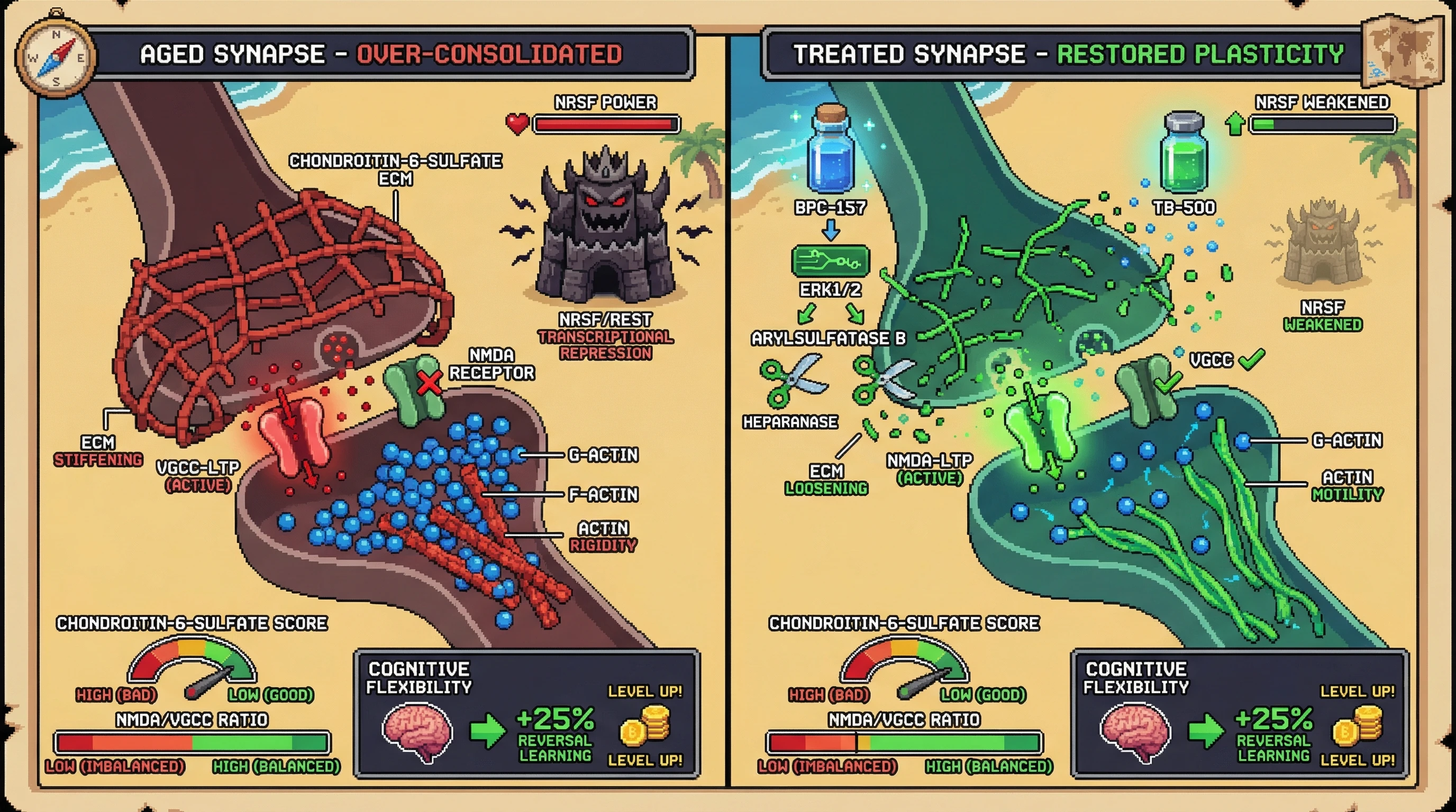 Infographic for: BPC-157/TB-500 synergize to shift aged hippocampal LTP from NMDA-independent VGCC mechanisms back to NMDA-dependent plasticity by modulating ECM sulfation and actin dynamics