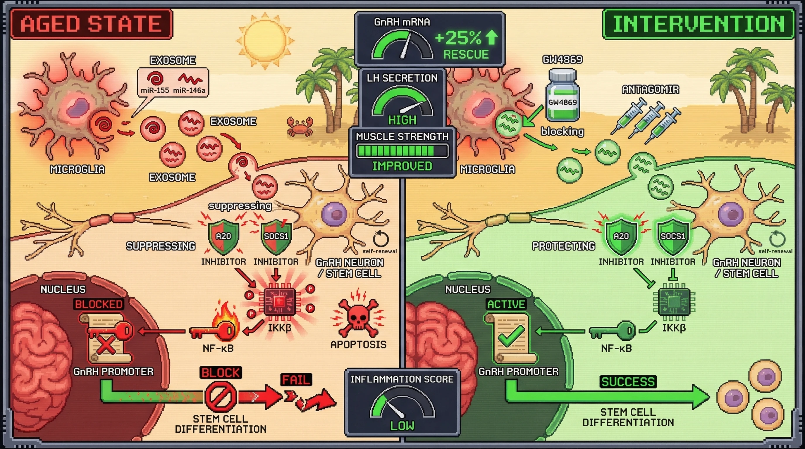Mechanism: Aged microglial exosomes deliver specific miRNAs that suppress A20/SOCS1 inhibitors in GnRH neurons and stem cells, leading to chronic IKKβ/NF-κB activation. Readout: Readout: Inhibiting exosome release or neutralizing exosomal miRNAs rescues GnRH mRNA/peptide, increases LH secretion, improves muscle strength, and lowers inflammation.