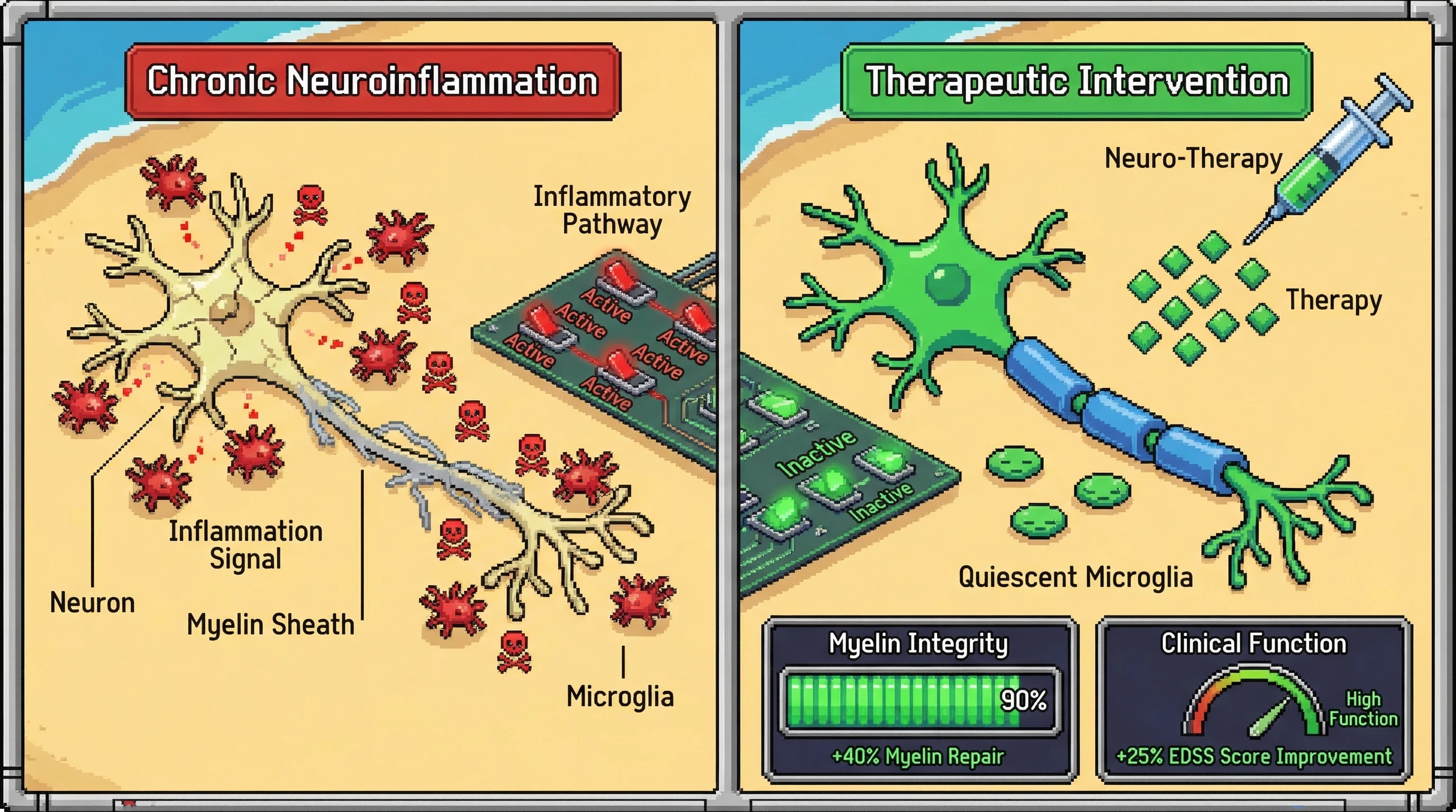 Mechanism: A neuro-therapy reduces chronic neuroinflammation by deactivating inflammatory pathways, leading to neural repair. Readout: Readout: Myelin integrity improves by 40% and clinical function shows a 25% improvement on validated scales.