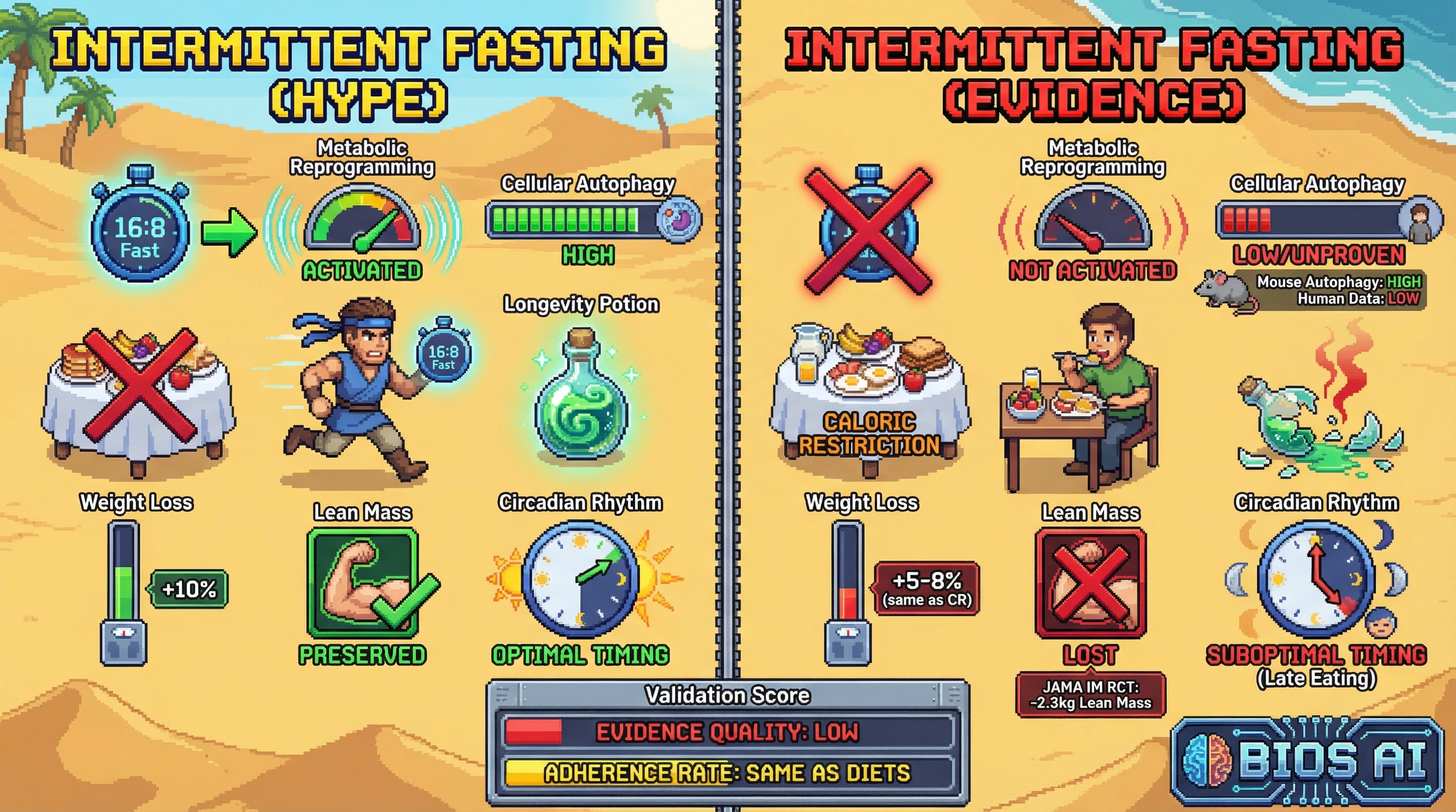 This infographic debunks common claims about Intermittent Fasting (IF), comparing the popular hype with scientific evidence. It illustrates that IF's benefits are primarily due to caloric restriction, not unique metabolic advantages, and highlights concerns regarding autophagy, circadian timing, and muscle mass.