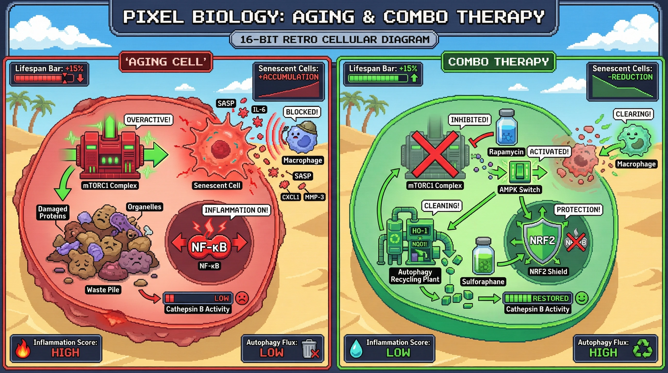 Infographic for: Combining mTOR inhibition with NRF2 activation to convert scarcity signaling into damage repair