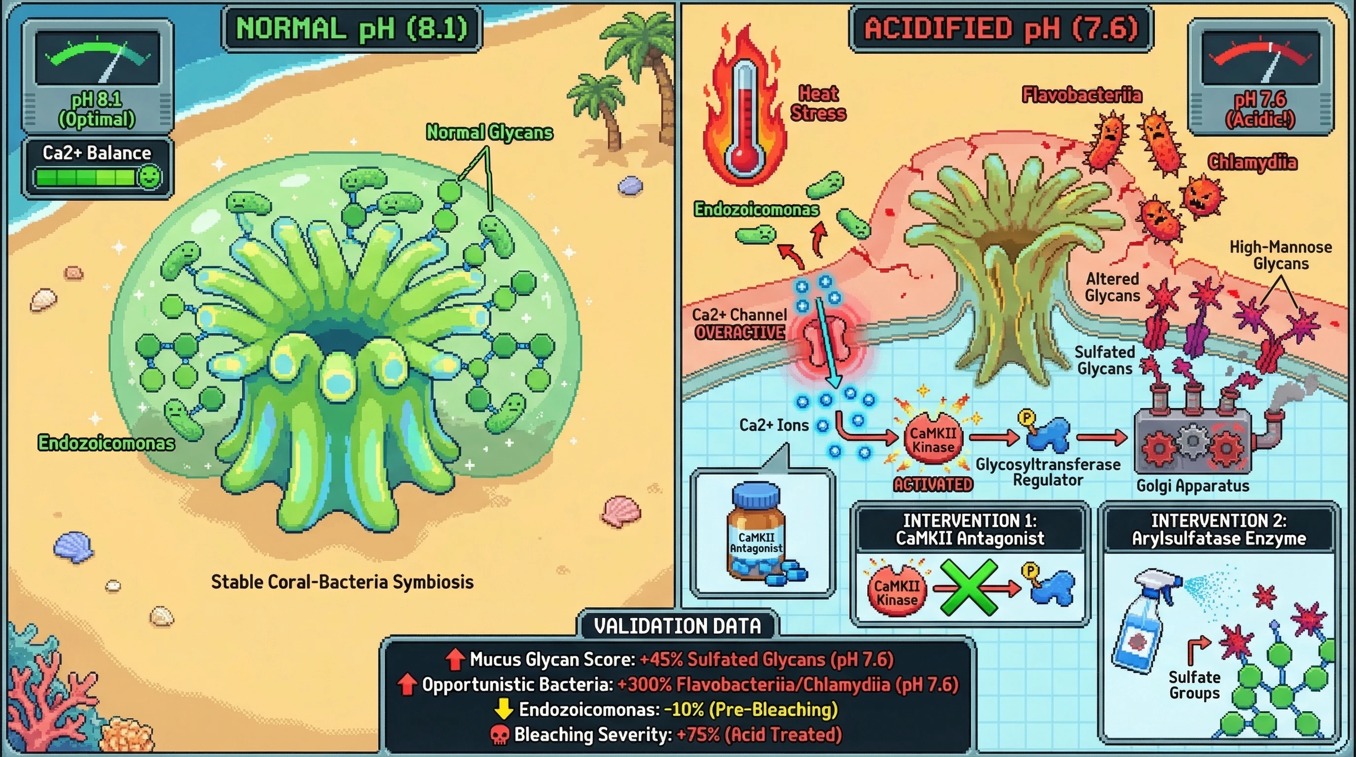 Infographic for: Acidification‑Induced Calcium Signaling Alters Coral Mucus Glycosylation, Promoting Pathogenic Bacterial Colonization Prior to Thermal Bleaching