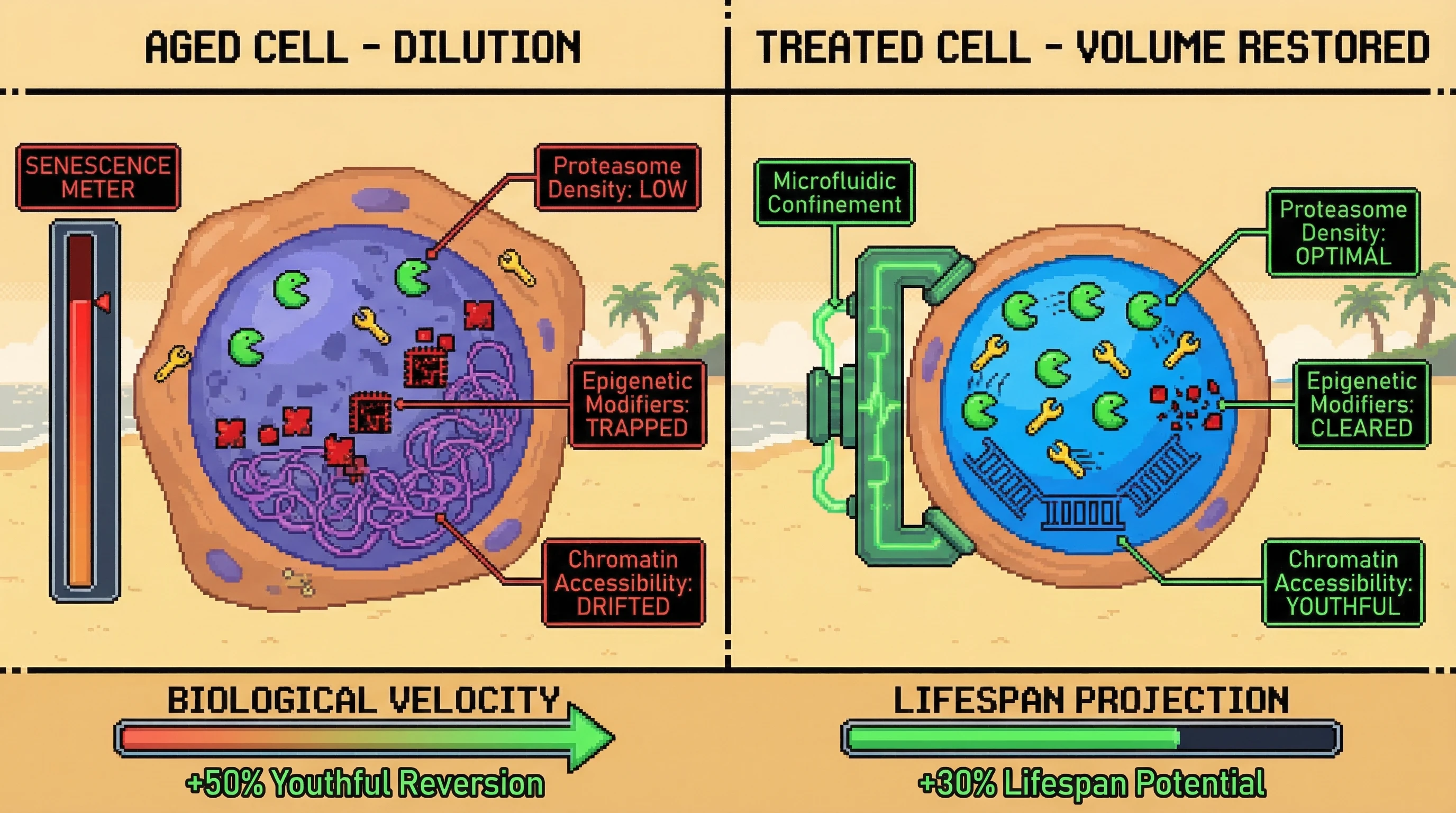 Mechanism: Age-related nuclear expansion dilutes nuclear proteasomes, causing epigenetic modifier accumulation and chromatin drift. Readout: Readout: Microfluidic confinement restoring nuclear volume reverses epigenetic drift to a youthful state, increasing biological velocity and lifespan potential.